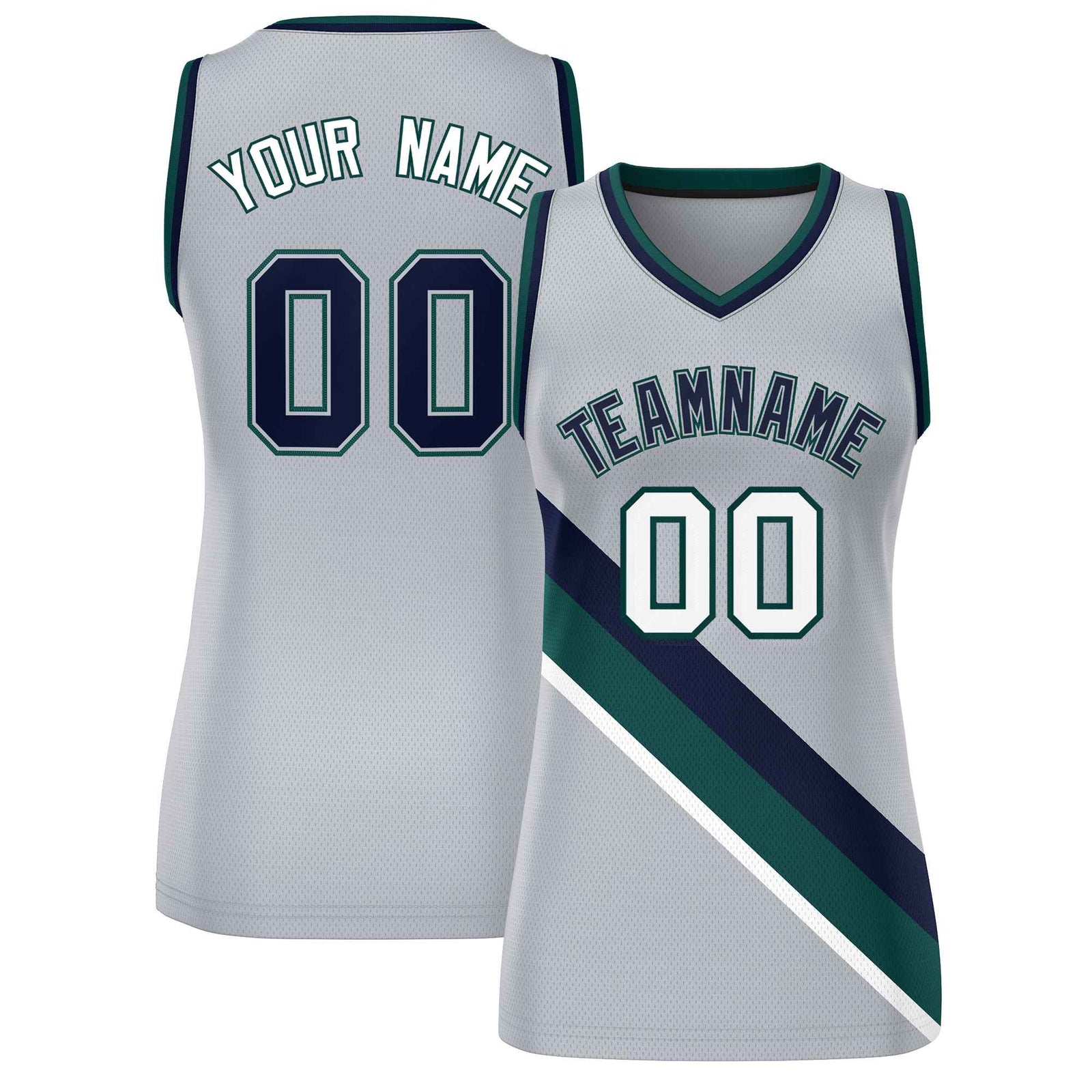 Custom Light Gray Navy-Midnight Green Thick Slash Fashion Tops Mesh Netball Dress For Women