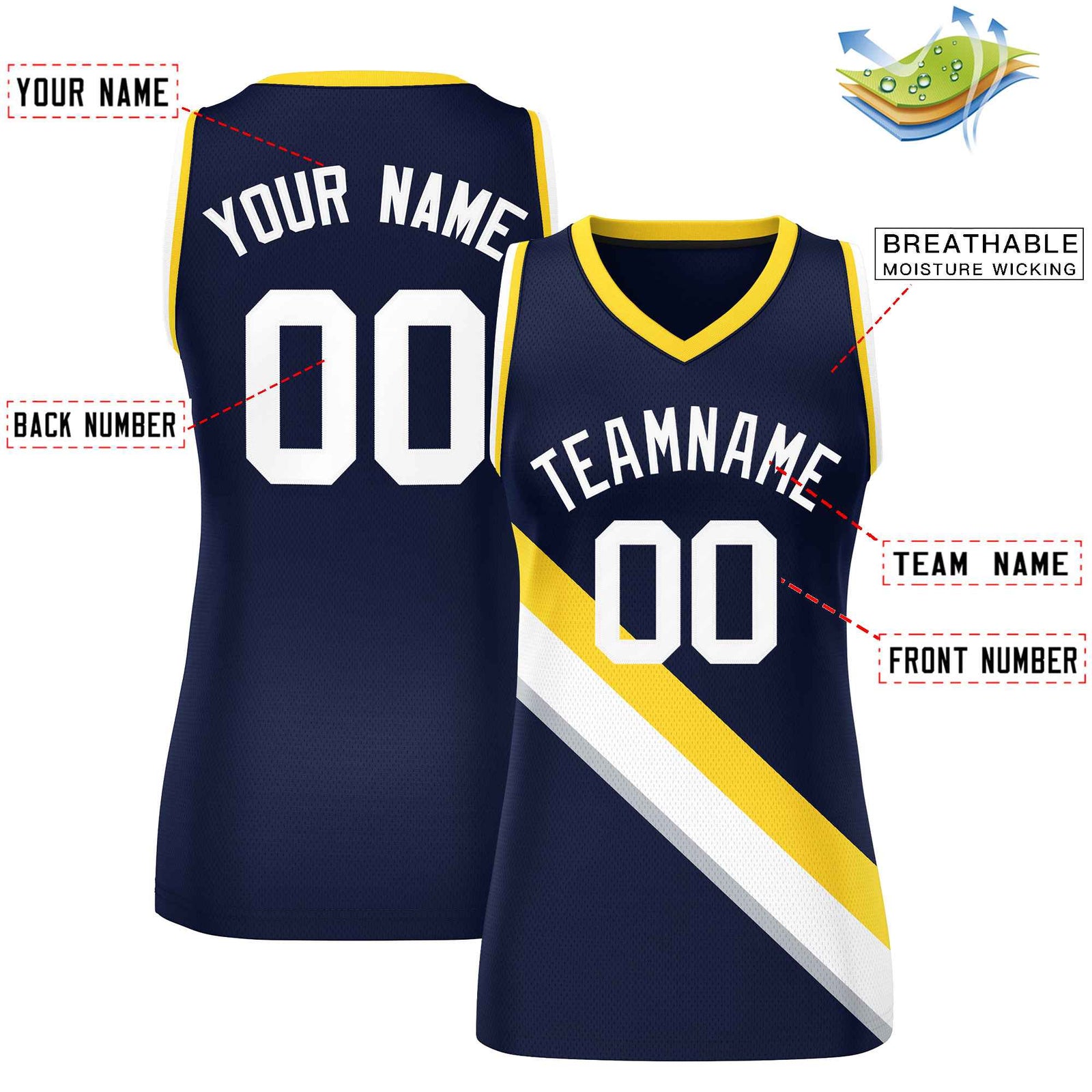 Custom Navy Gold-White Thick Slash Fashion Tops Mesh Netball Dress For Women