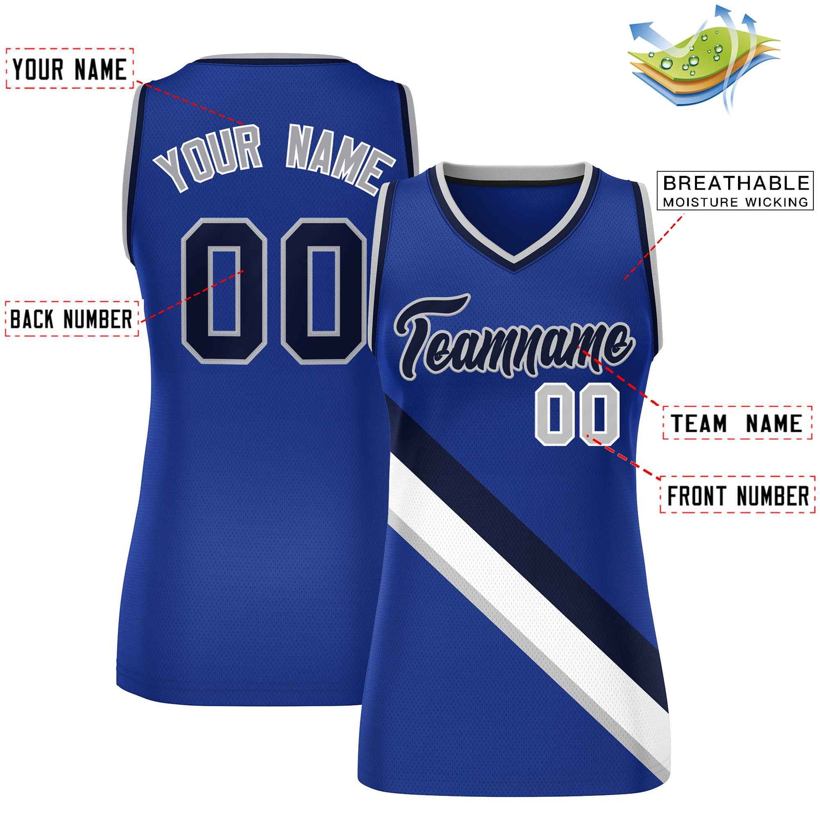 Custom Royal Navy-Gray Thick Slash Fashion Tops Mesh Netball Dress For Women