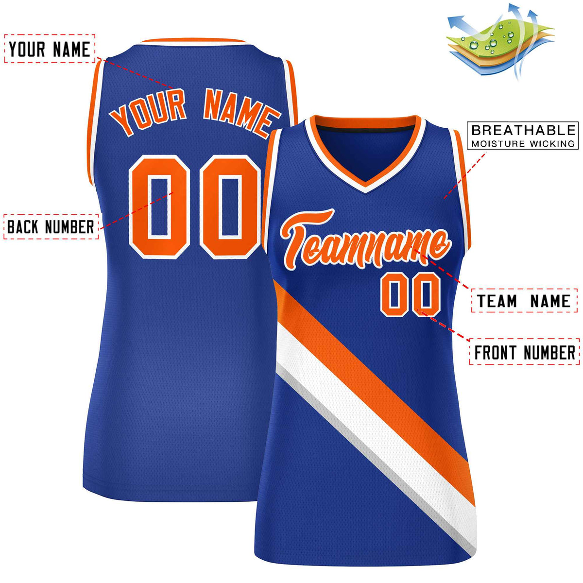 Custom Royal White-Orange Thick Slash Fashion Tops Mesh Netball Dress For Women
