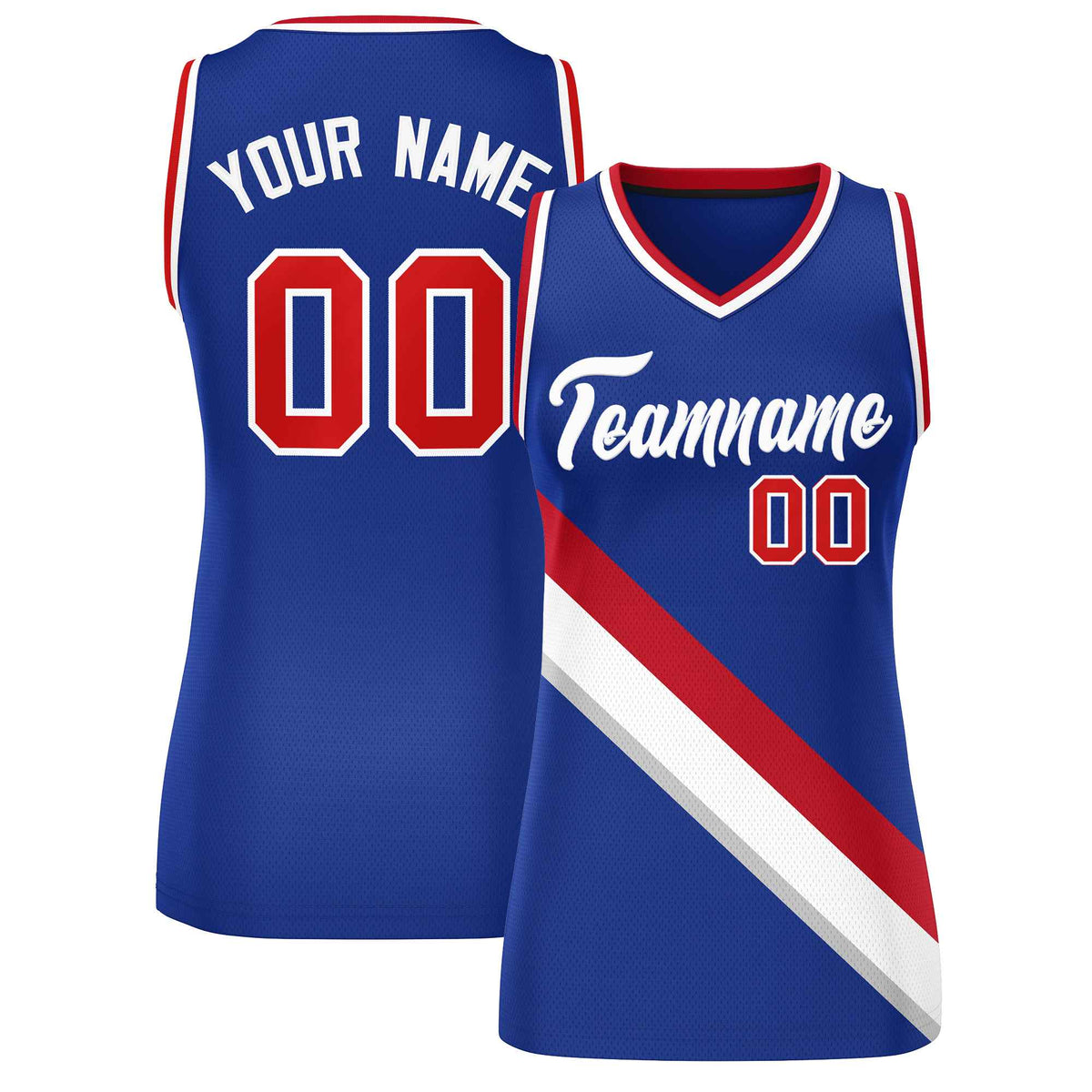 Custom Royal White-Red Thick Slash Fashion Tops Mesh Netball Dress For Women