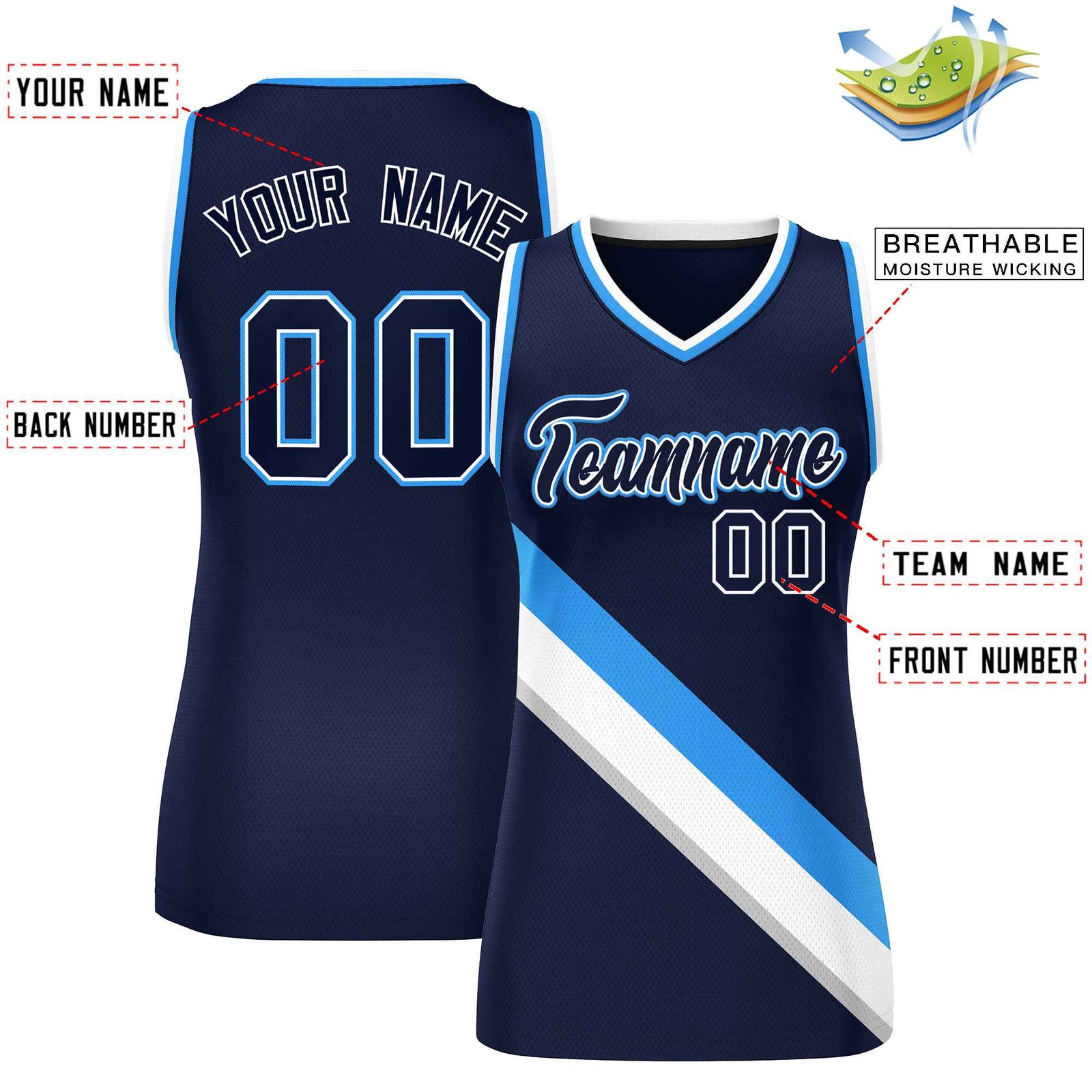 Custom Navy Powder Blue-White Thick Slash Fashion Tops Mesh Netball Dress For Women
