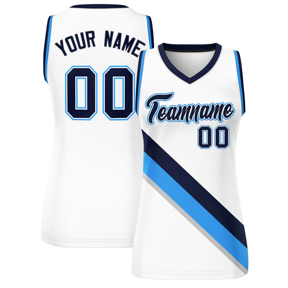 Custom White Powder Blue-Navy Thick Slash Fashion Tops Mesh Netball Dress For Women