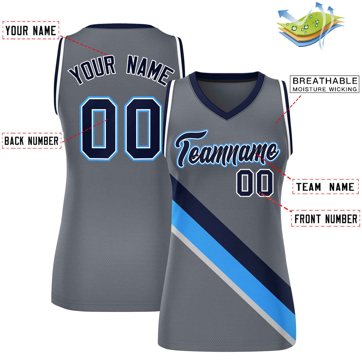 Custom Dark Gray White-Navy Thick Slash Fashion Tops Mesh Netball Dress For Women