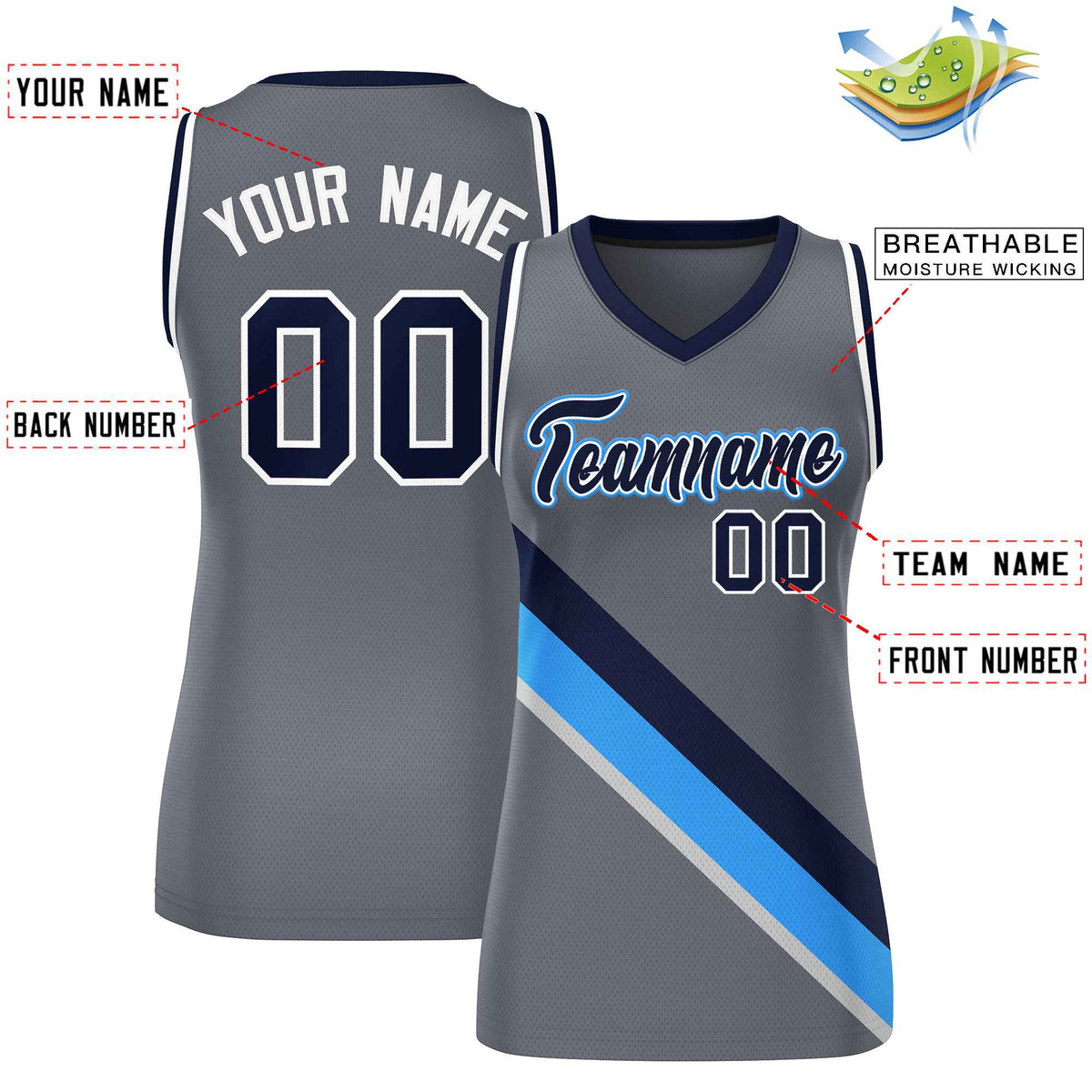 Custom Dark Gray White-Navy Thick Slash Fashion Tops Mesh Netball Dress For Women