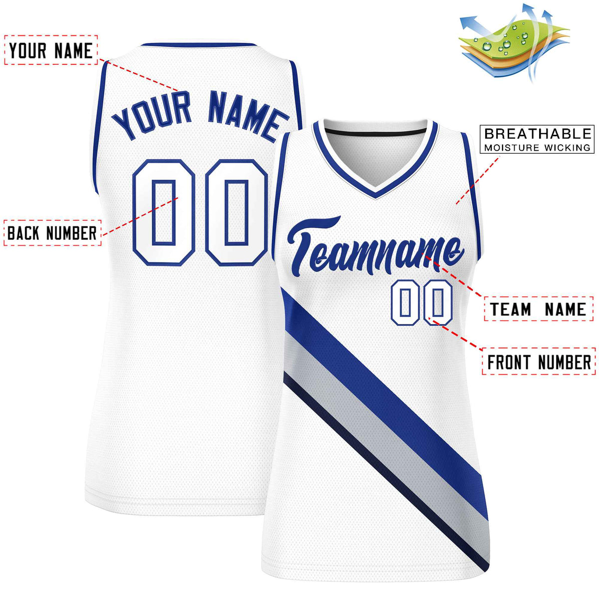 Custom White Navy-White Thick Slash Fashion Tops Mesh Netball Dress For Women