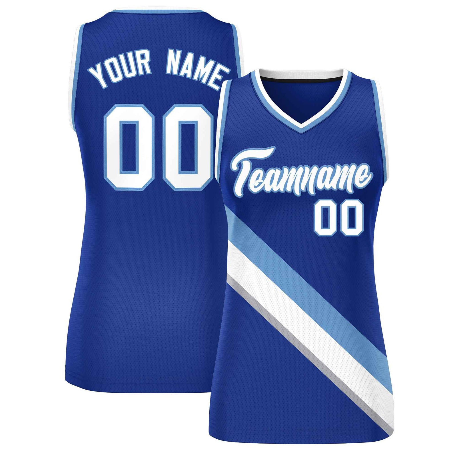 Custom Royal White-Light Blue Thick Slash Fashion Tops Mesh Netball Dress For Women