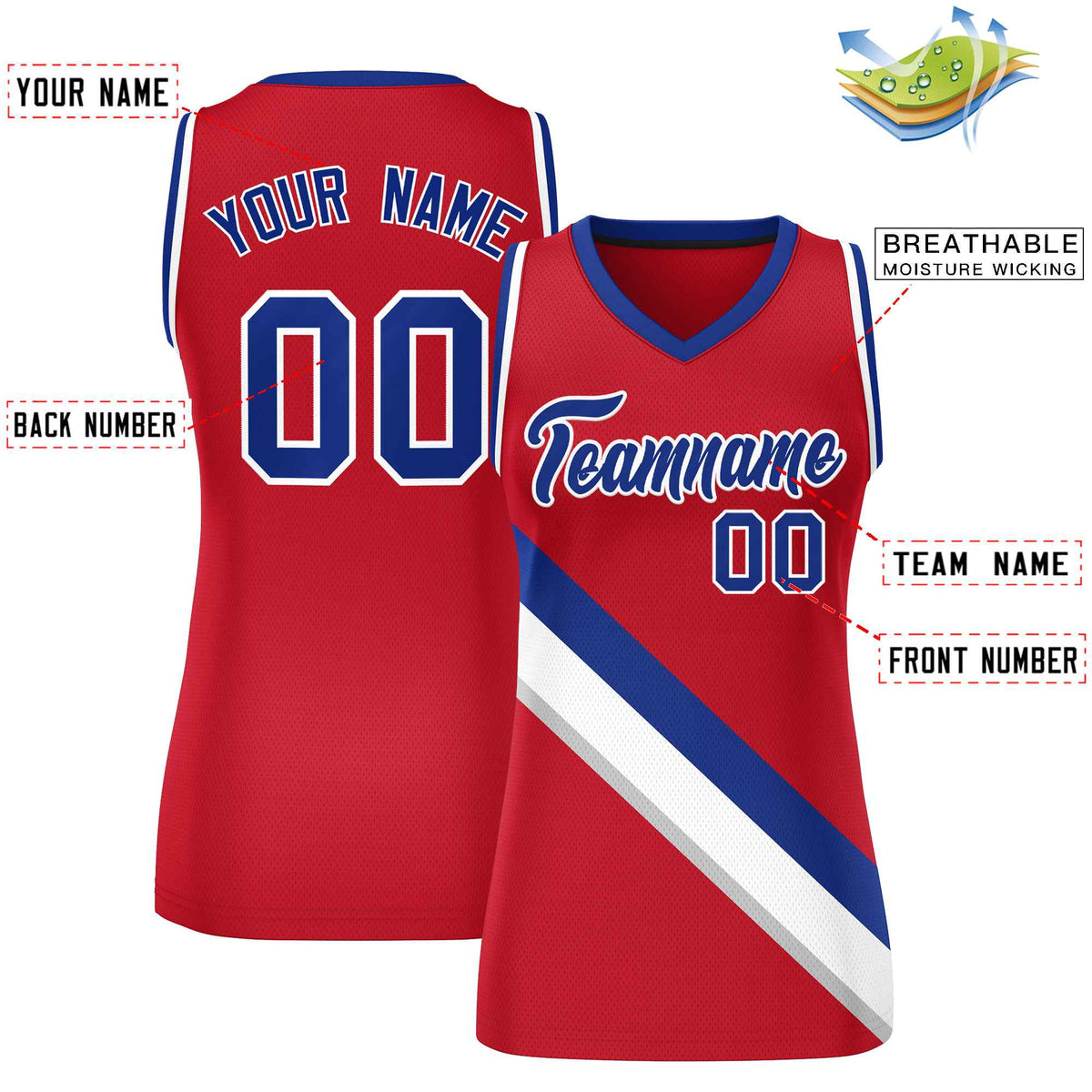 Custom Red Royal-White Thick Slash Fashion Tops Mesh Netball Dress For Women