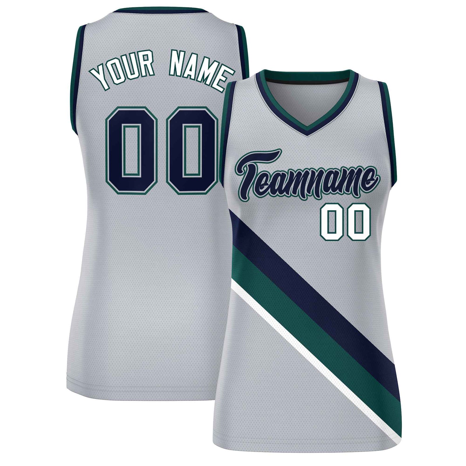 Custom Light Gray Navy-Midnight Green Thick Slash Fashion Tops Mesh Netball Dress For Women
