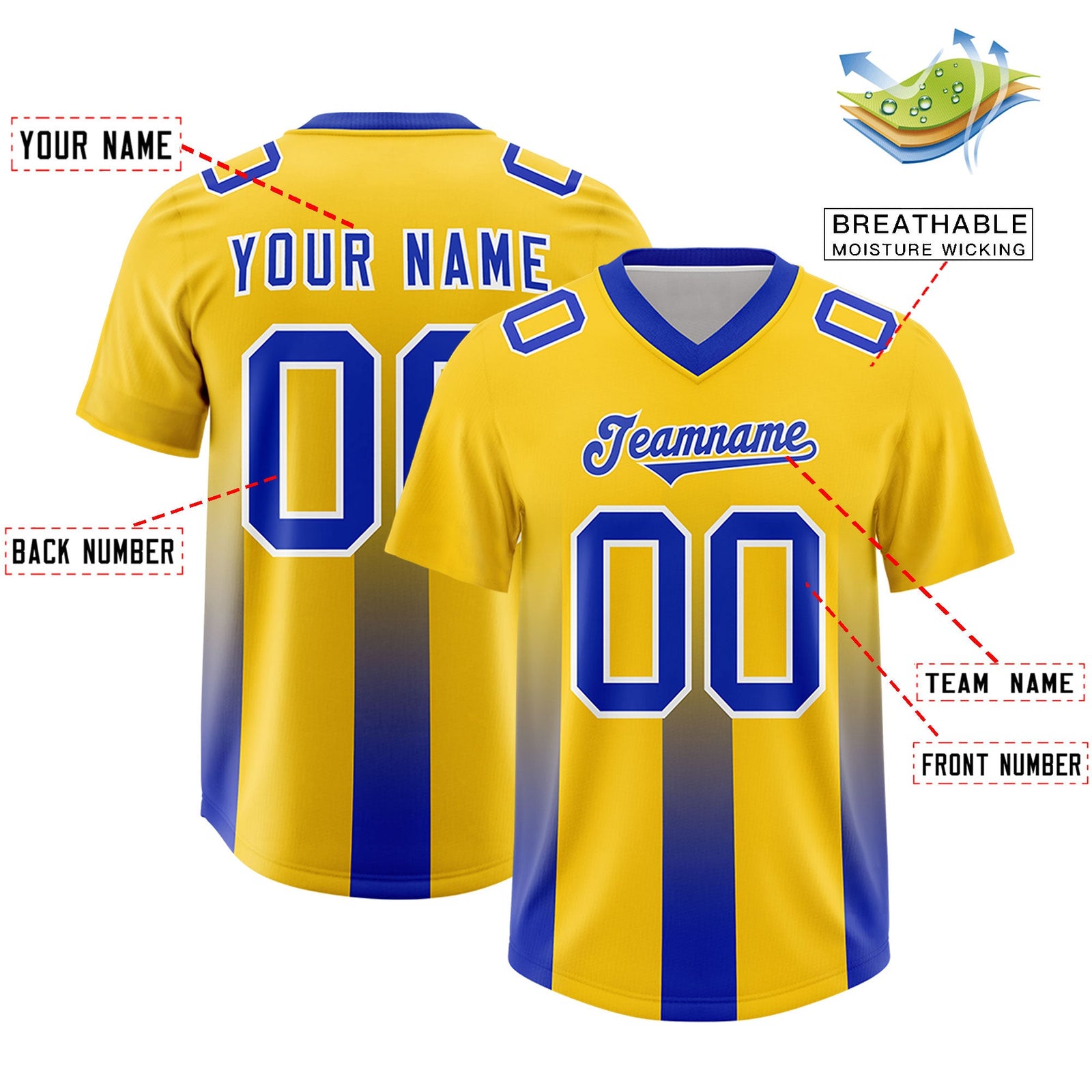 Custom Yellow Royal Vertical Width Stripe Gradient Fashion Personalized Team Football Jersey