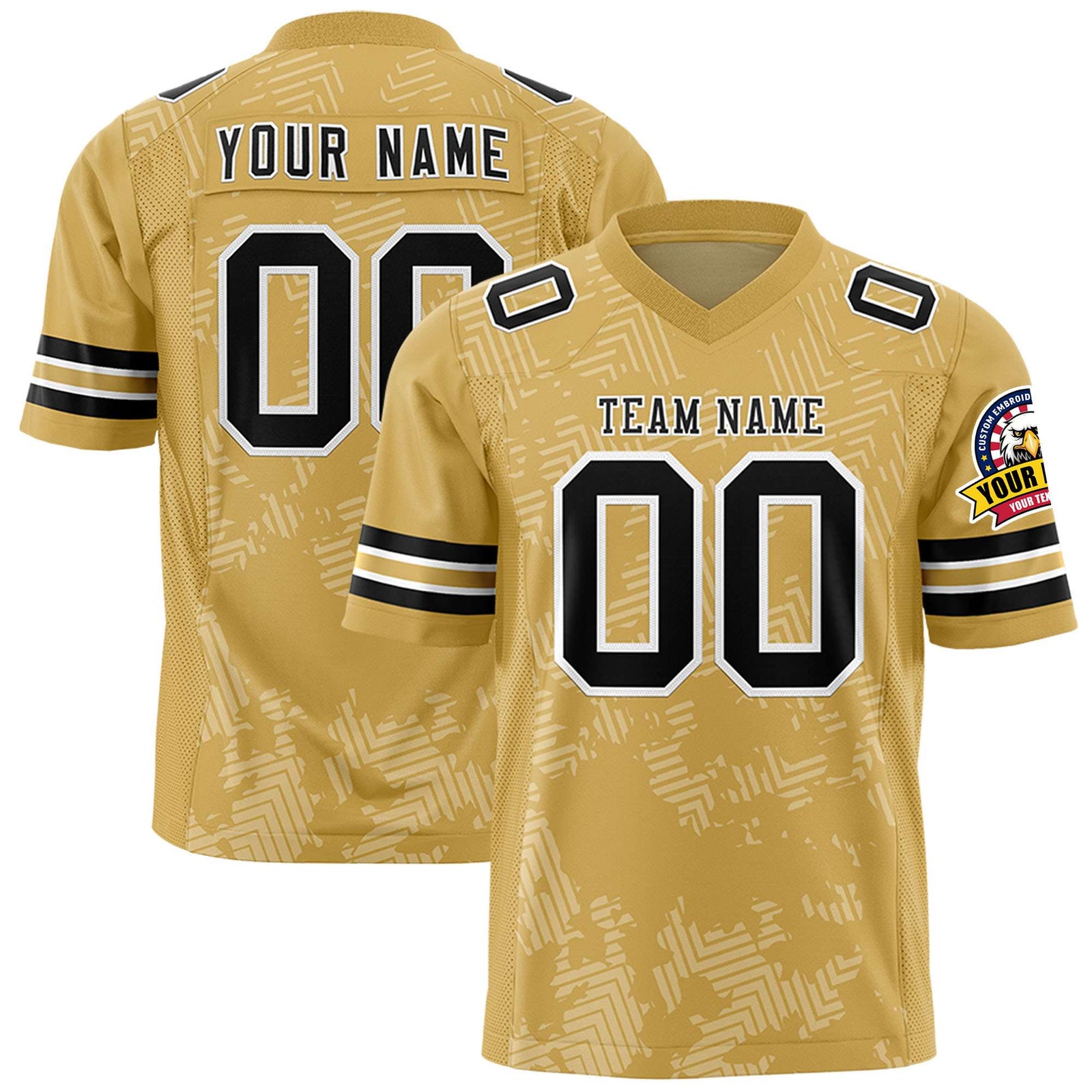 Custom Old Gold Black-White Personalized Graffiti Line Design Authentic Football Jersey