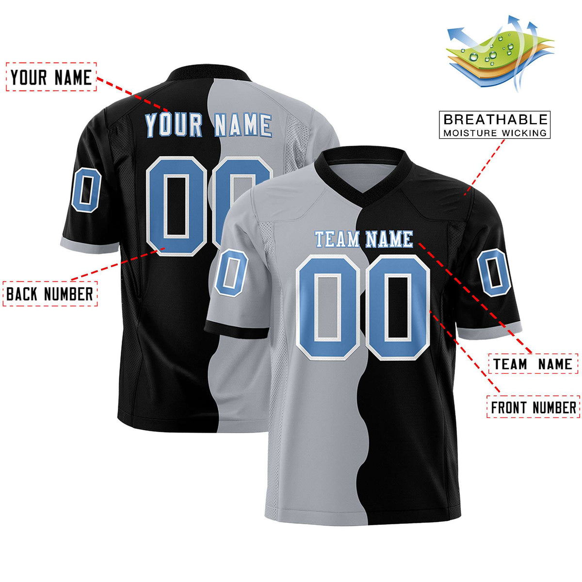 Custom Black Gray Split Fashion Mesh Authentic Football Jersey