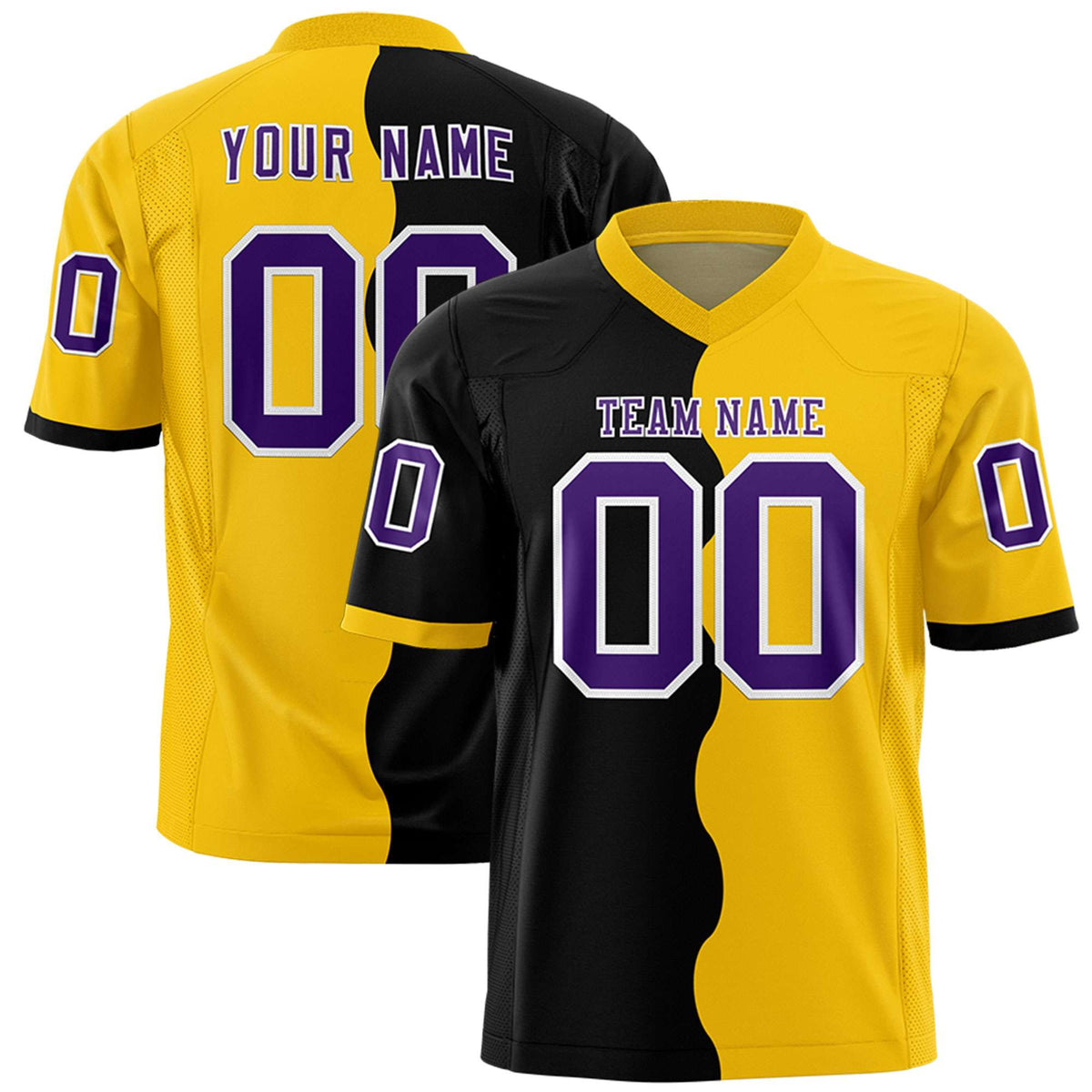Custom Gold Black Split Fashion Mesh Authentic Football Jersey