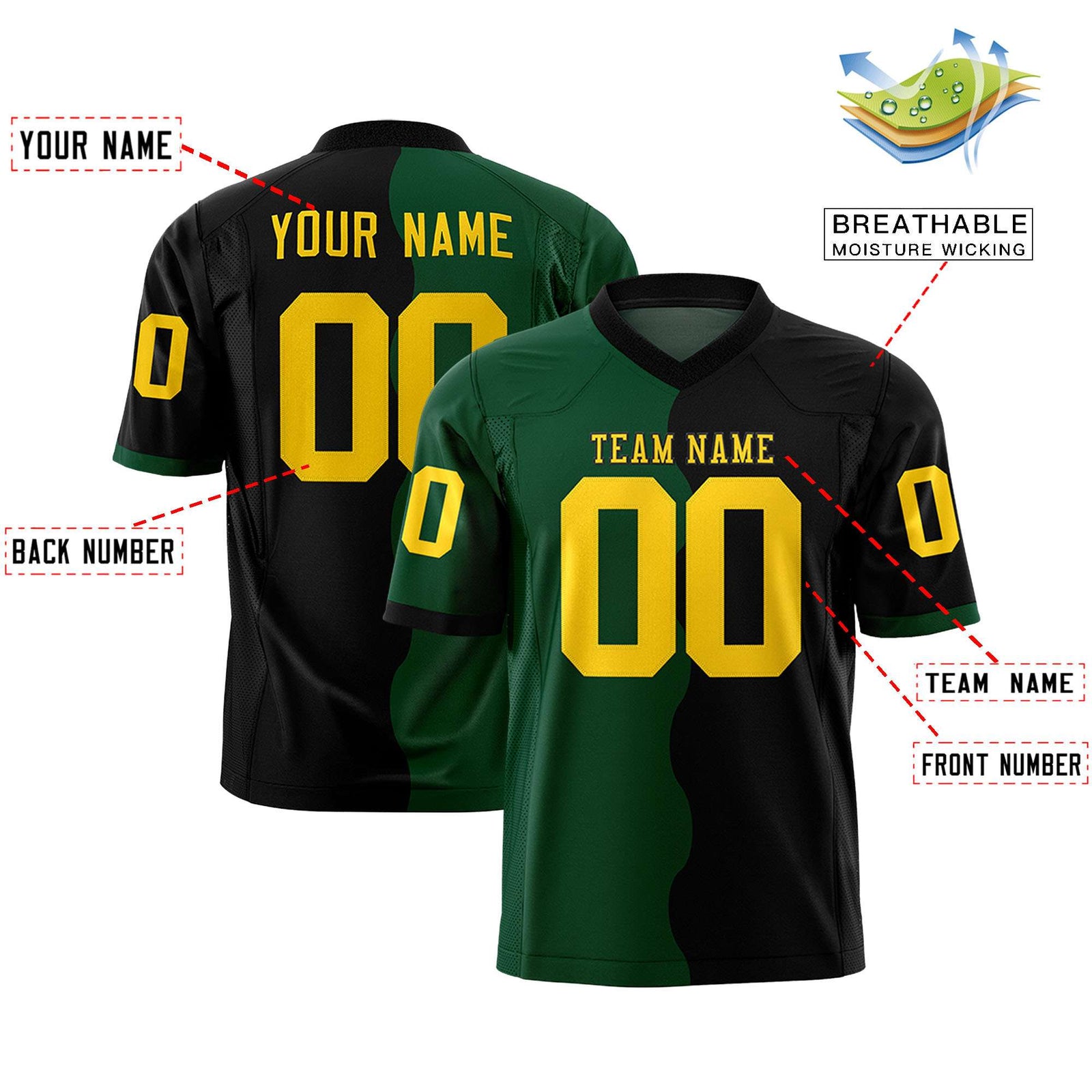 Custom Black Green Split Fashion Mesh Authentic Football Jersey