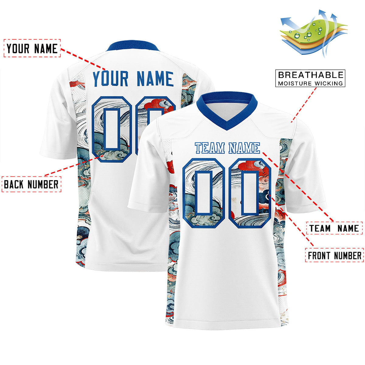 Custom White Royal Ukiyo-e Auspicious Clouds Graffiti Pattern Football Jersey | For Men,For Women | KXKSHOP