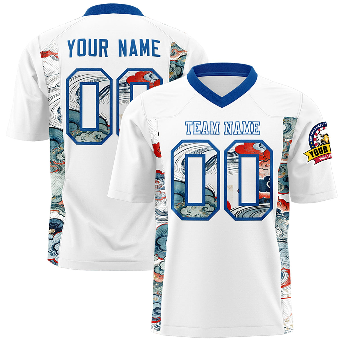 Custom White Royal Ukiyo-e Auspicious Clouds Graffiti Pattern Football Jersey | For Men,For Women | KXKSHOP