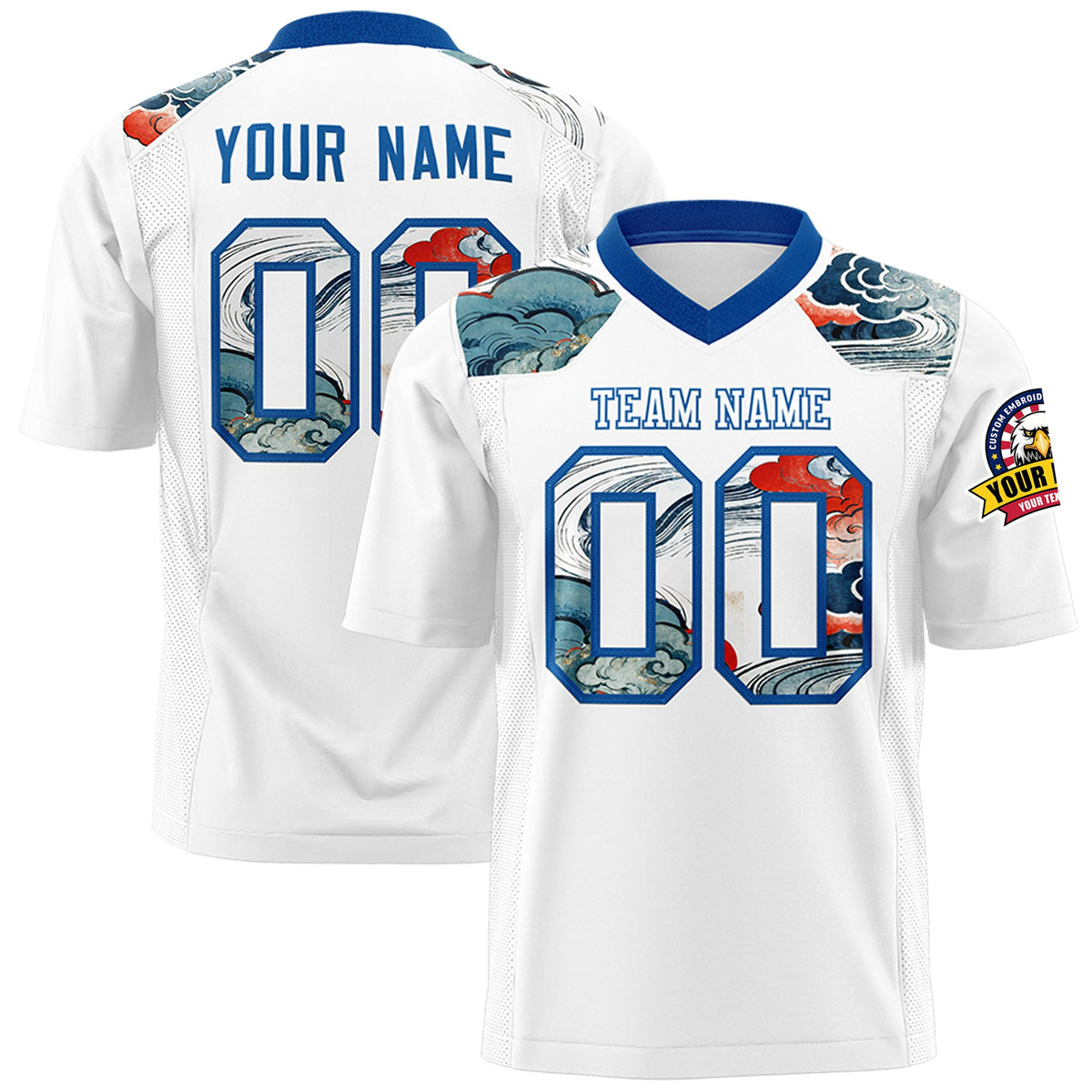 Custom Royal White Ukiyo-e Auspicious Clouds Graffiti Pattern Football Jersey | For Men,For Women | KXKSHOP