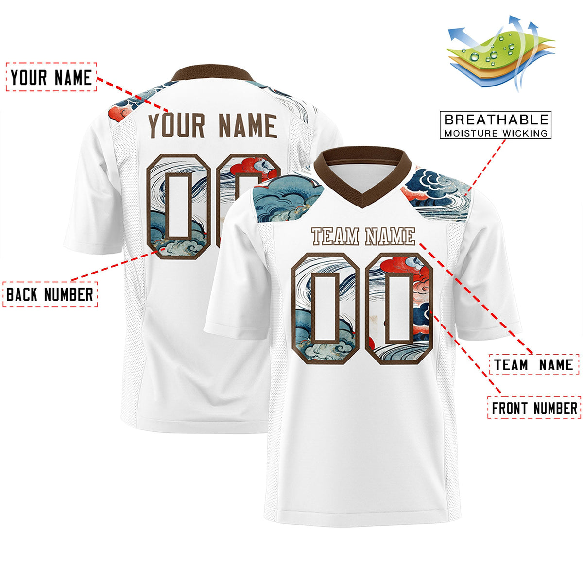 Custom Light Brown White Ukiyo-e Auspicious Clouds Graffiti Pattern Football Jersey | For Men,For Women | KXKSHOP