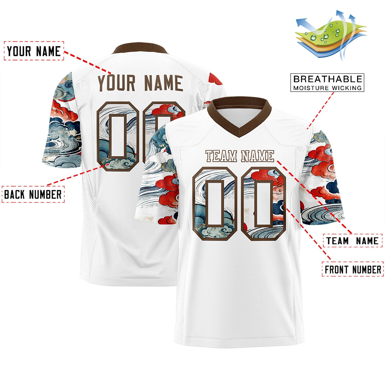 Custom White Light Brown Sleeve Ukiyo-e Auspicious Clouds Graffiti Pattern Football Jersey | For Men,For Women | KXKSHOP