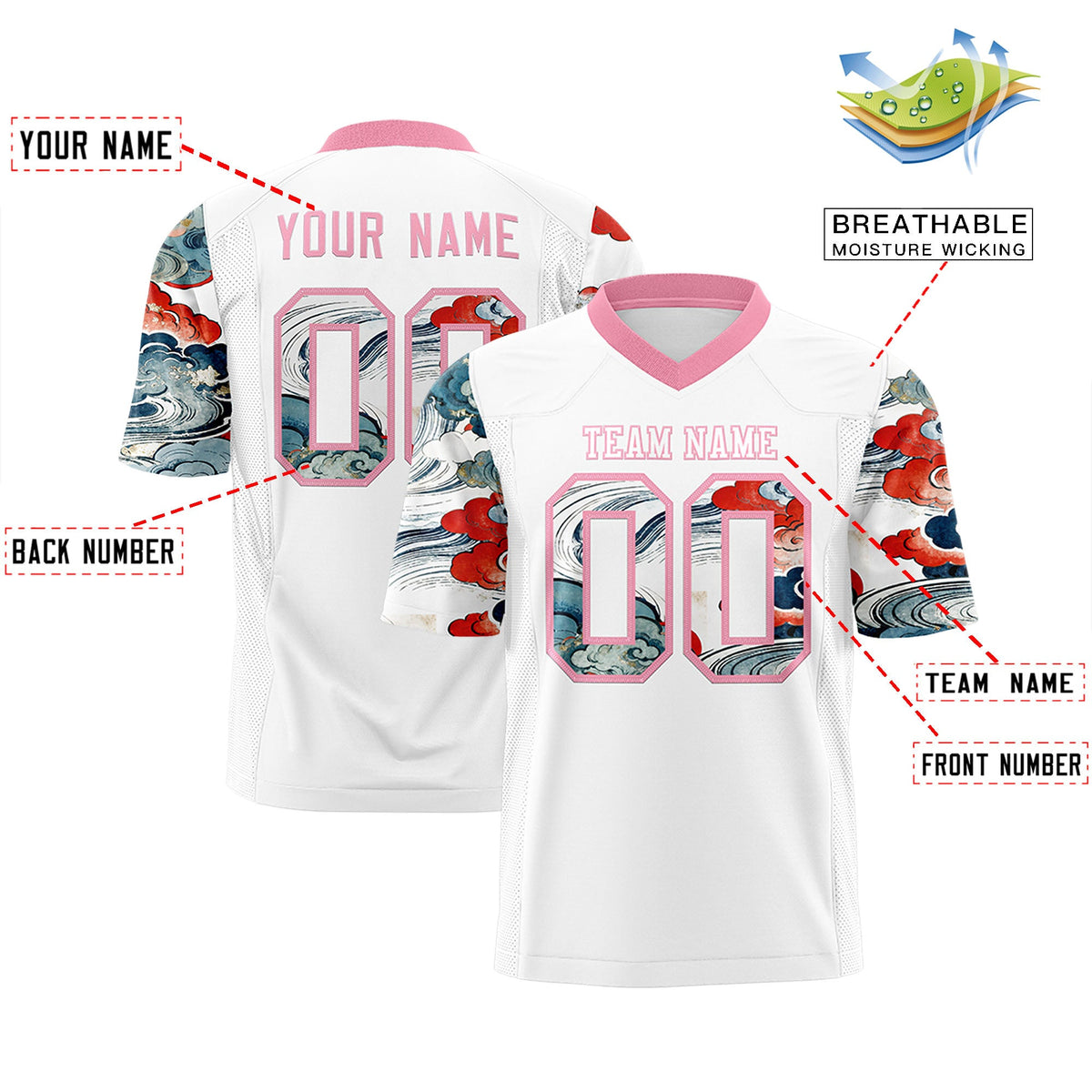 Custom White Light Pink Sleeve Ukiyo-e Auspicious Clouds Graffiti Pattern Football Jersey | For Men,For Women | KXKSHOP