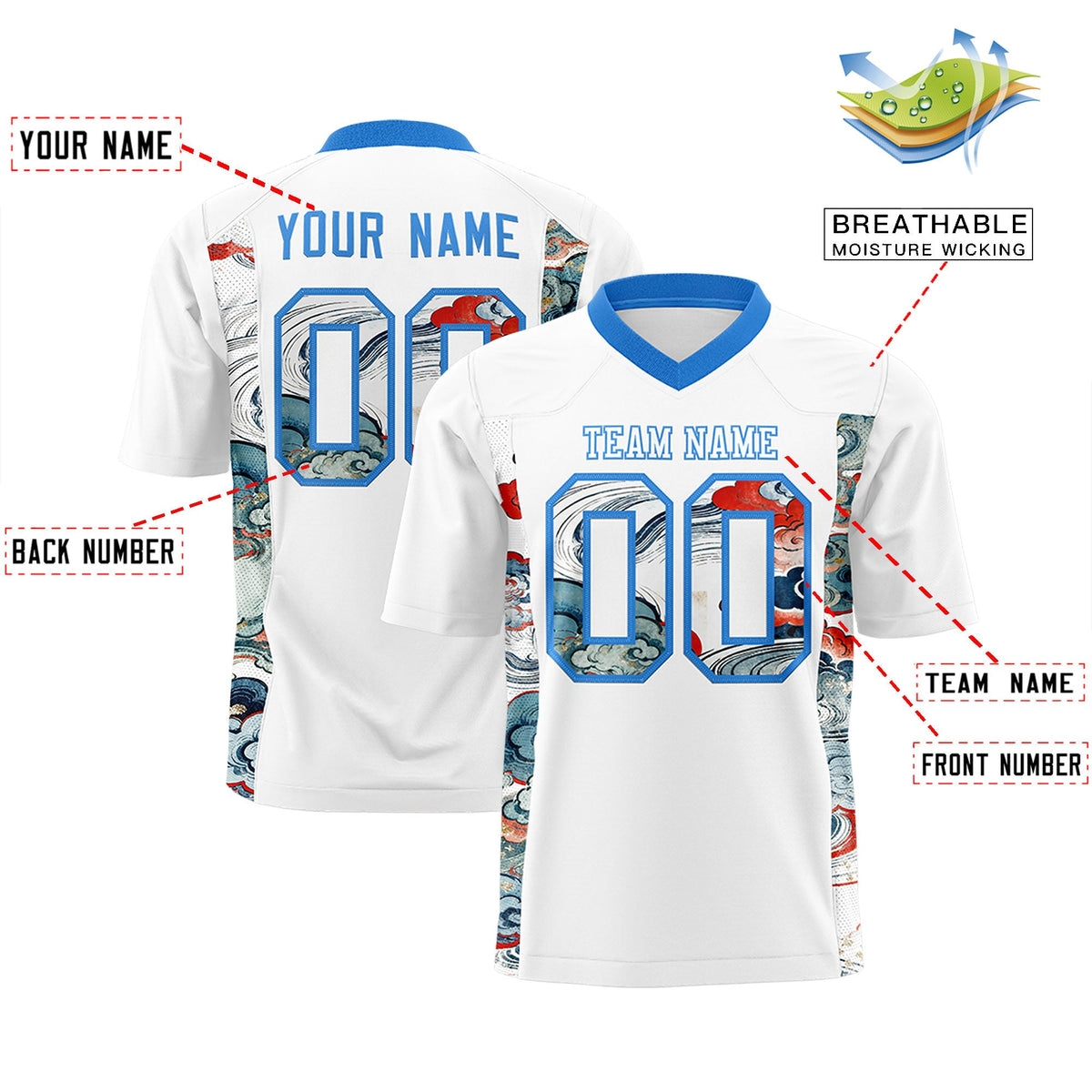 Custom White Light Blue Ukiyo-e Auspicious Clouds Graffiti Pattern Football Jersey | For Men,For Women | KXKSHOP