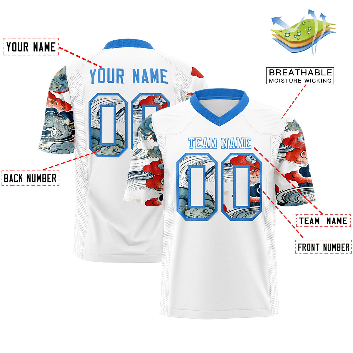 Custom White Light Blue Sleeve Ukiyo-e Auspicious Clouds Graffiti Pattern Football Jersey | For Men,For Women | KXKSHOP