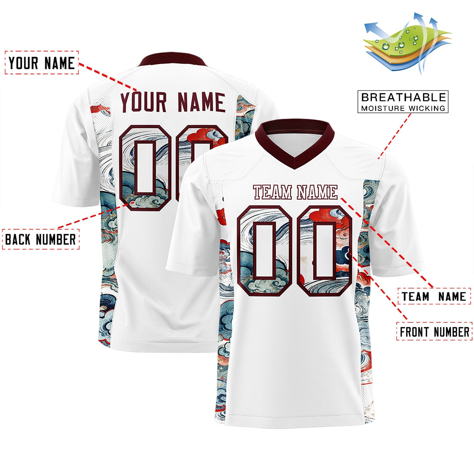 Custom White Burgundy Ukiyo-e Auspicious Clouds Graffiti Pattern Football Jersey | For Men,For Women | KXKSHOP