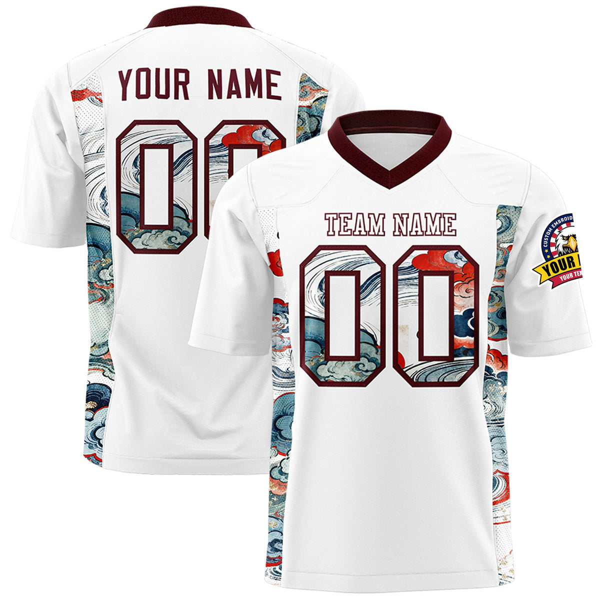 Custom White Burgundy Ukiyo-e Auspicious Clouds Graffiti Pattern Football Jersey | For Men,For Women | KXKSHOP
