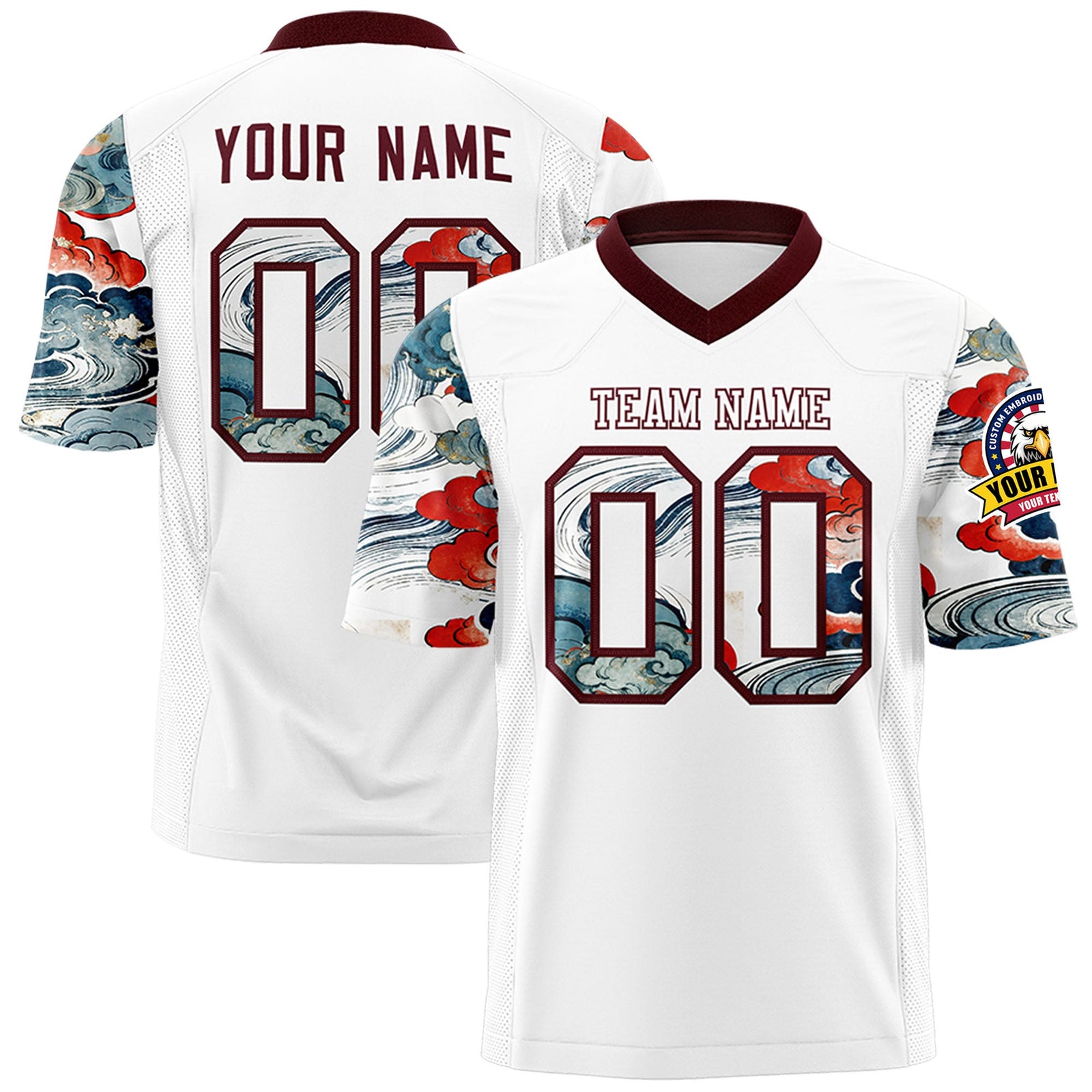 Custom White Burgundy Sleeve Ukiyo-e Auspicious Clouds Graffiti Pattern Football Jersey | For Men,For Women | KXKSHOP