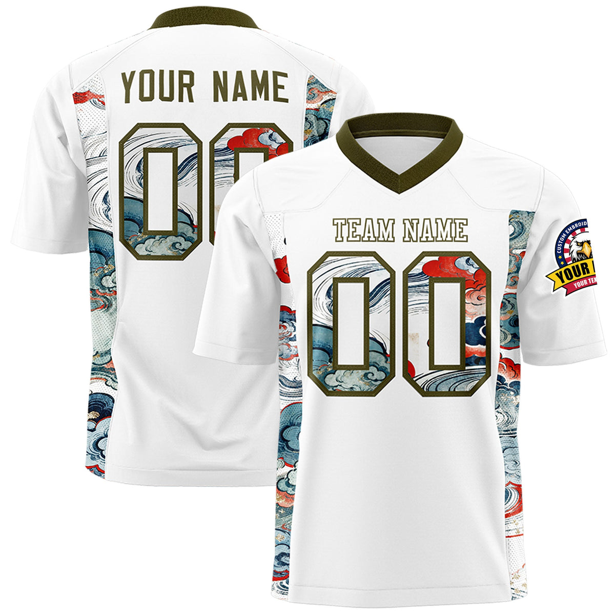 Custom White Olive Ukiyo-e Auspicious Clouds Graffiti Pattern Football Jersey | For Men,For Women | KXKSHOP