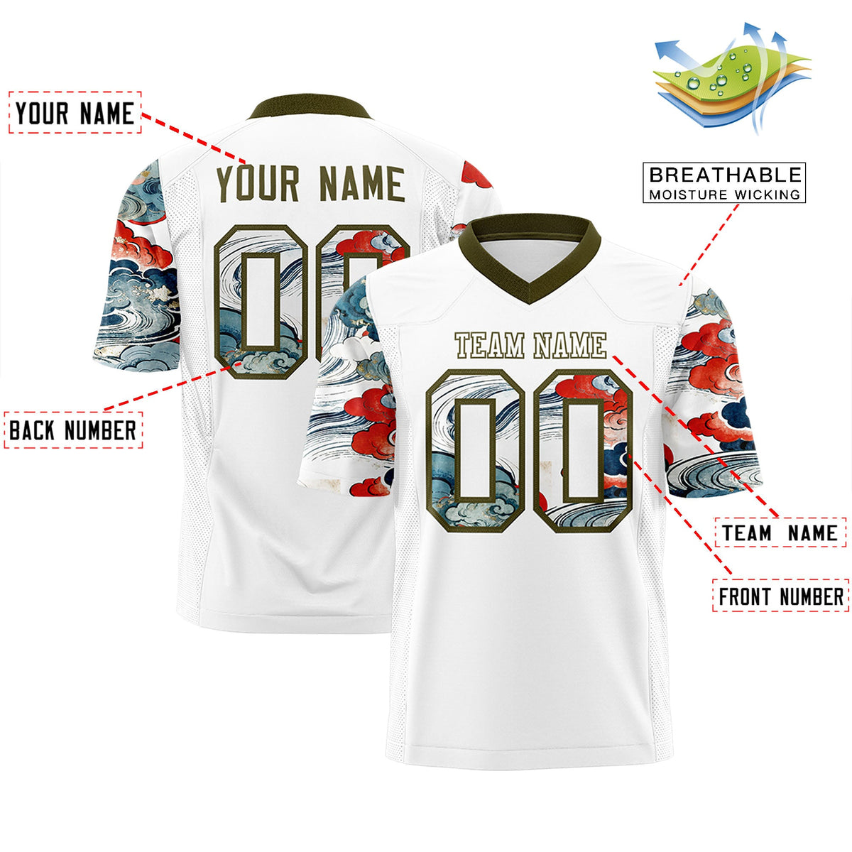 Custom White Olive Sleeve Ukiyo-e Auspicious Clouds Graffiti Pattern Football Jersey | For Men,For Women | KXKSHOP