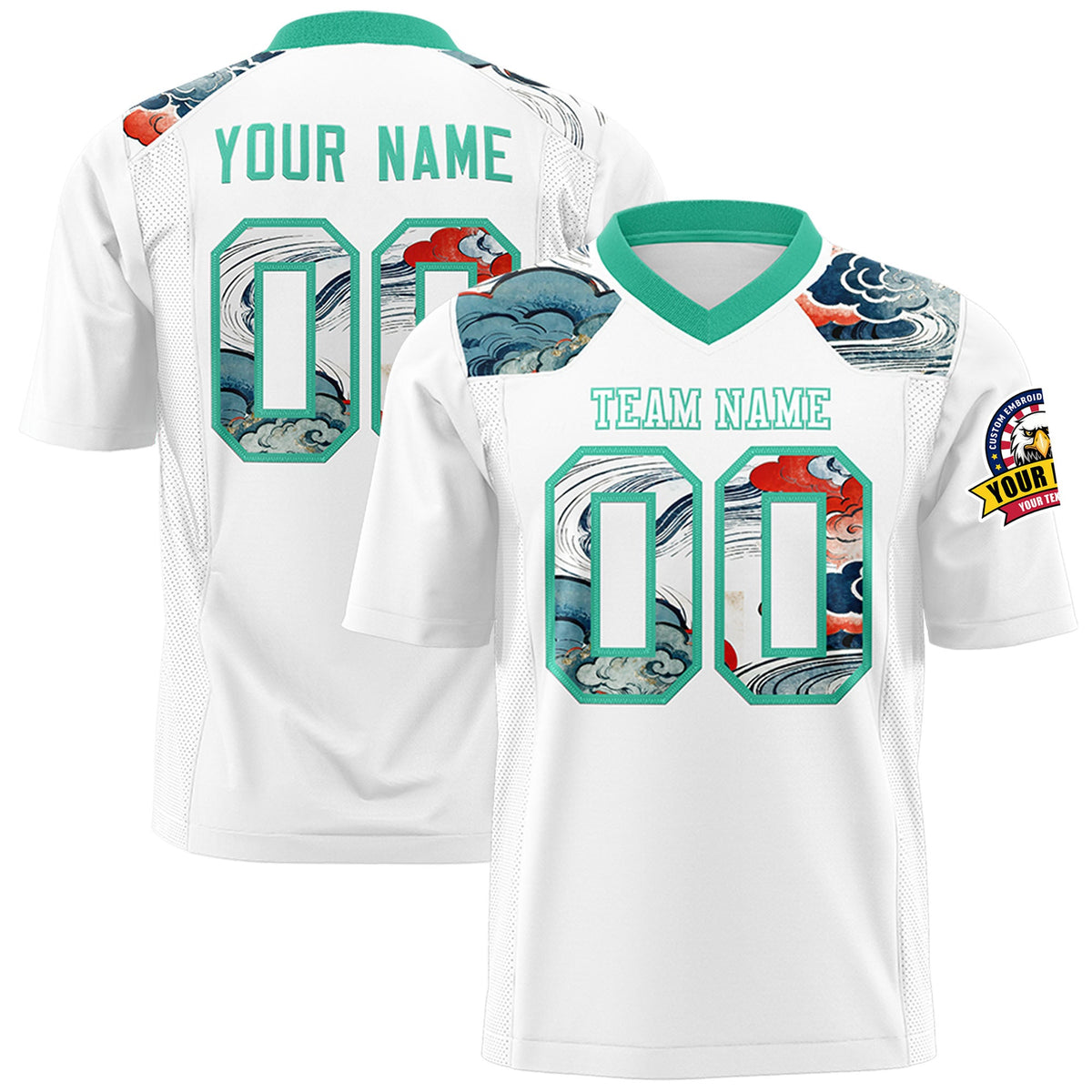 Custom Bright Green White Ukiyo-e Auspicious Clouds Graffiti Pattern Football Jersey | For Men,For Women | KXKSHOP