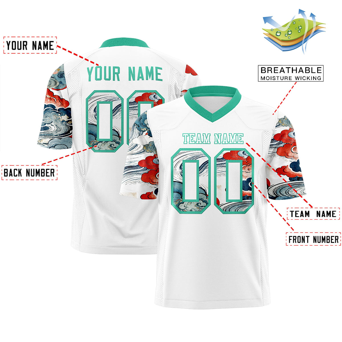 Custom White Bright Green Sleeve Ukiyo-e Auspicious Clouds Graffiti Pattern Football Jersey | For Men,For Women | KXKSHOP