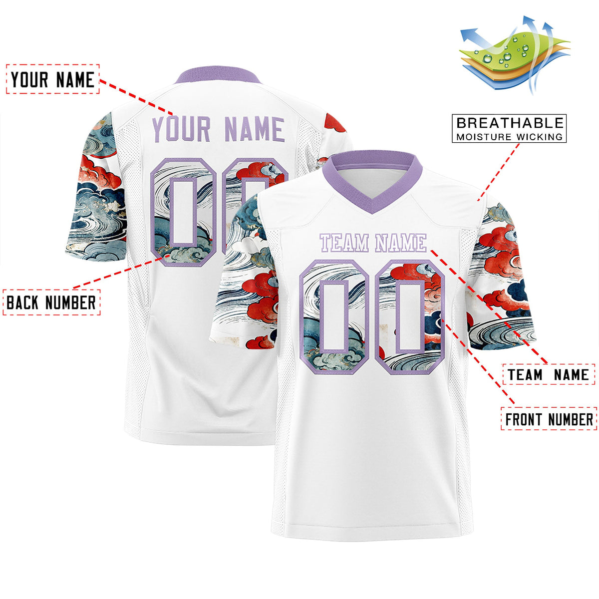 Custom White Light Purple Sleeve Ukiyo-e Auspicious Clouds Graffiti Pattern Football Jersey | For Men,For Women | KXKSHOP