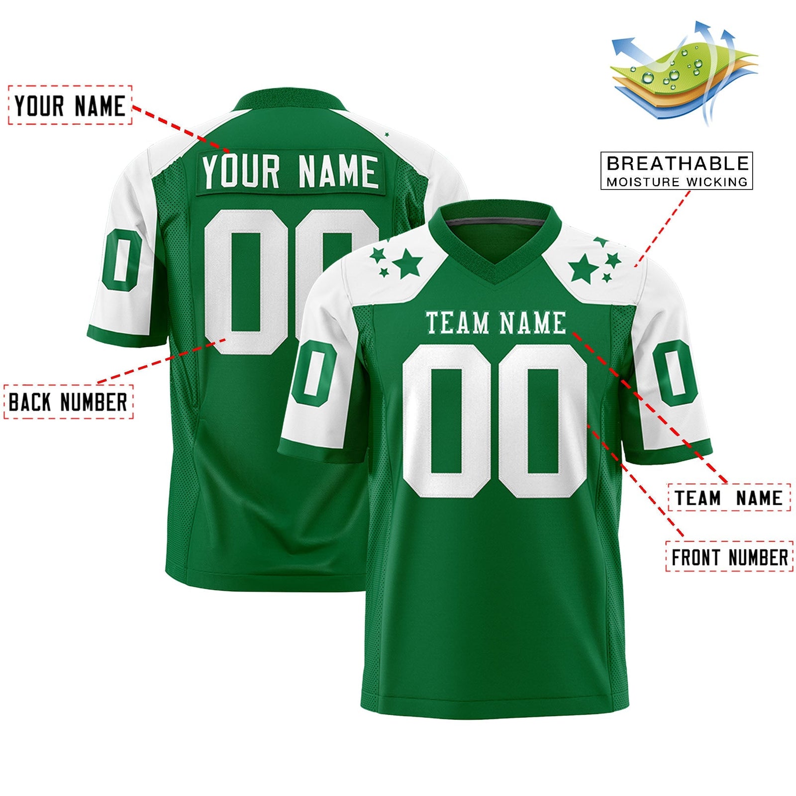 Custom Kelly Green White Personalized Shoulder Star Pattern Authentic American Football Jersey