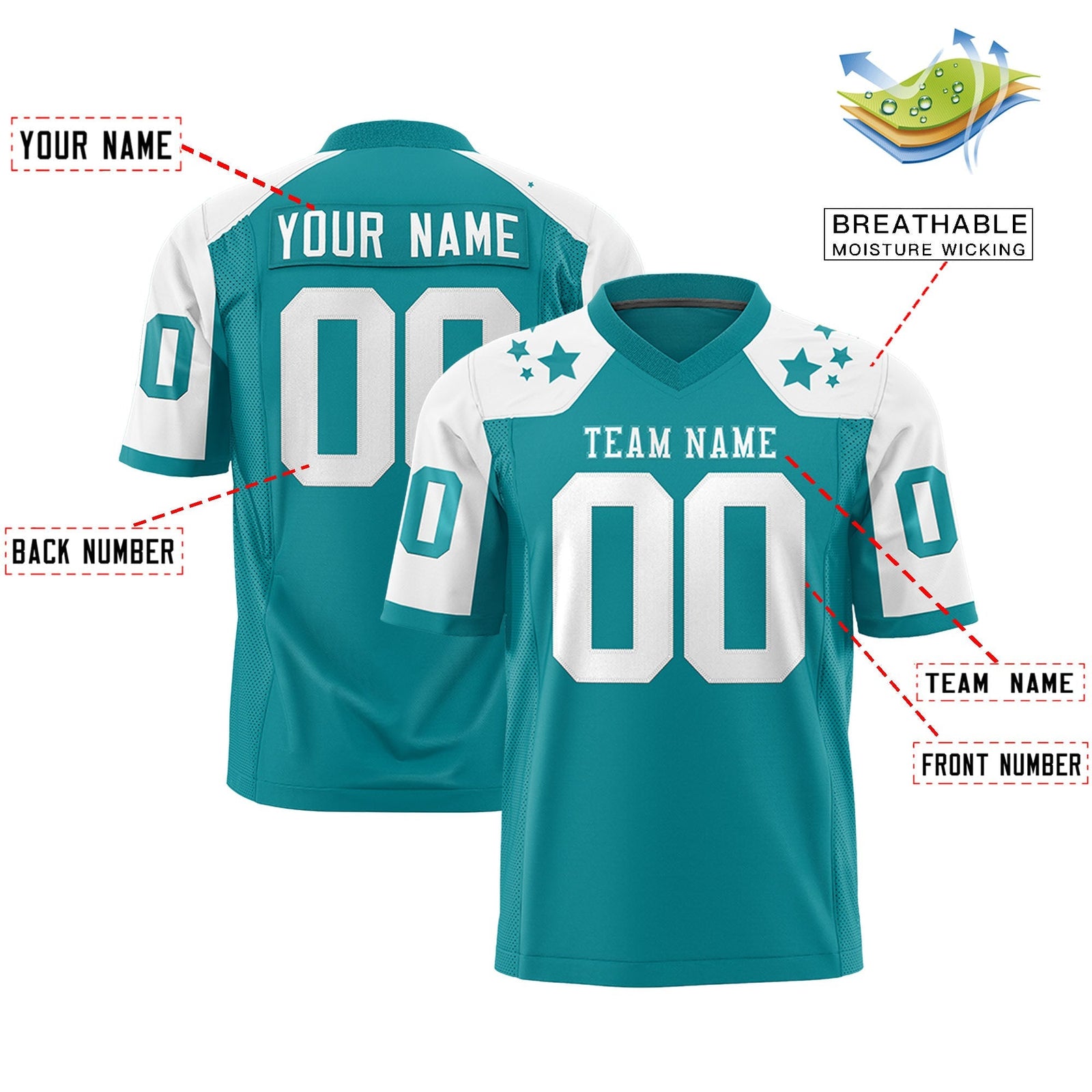 Custom Aqua White Personalized Shoulder Star Pattern Authentic American Football Jersey