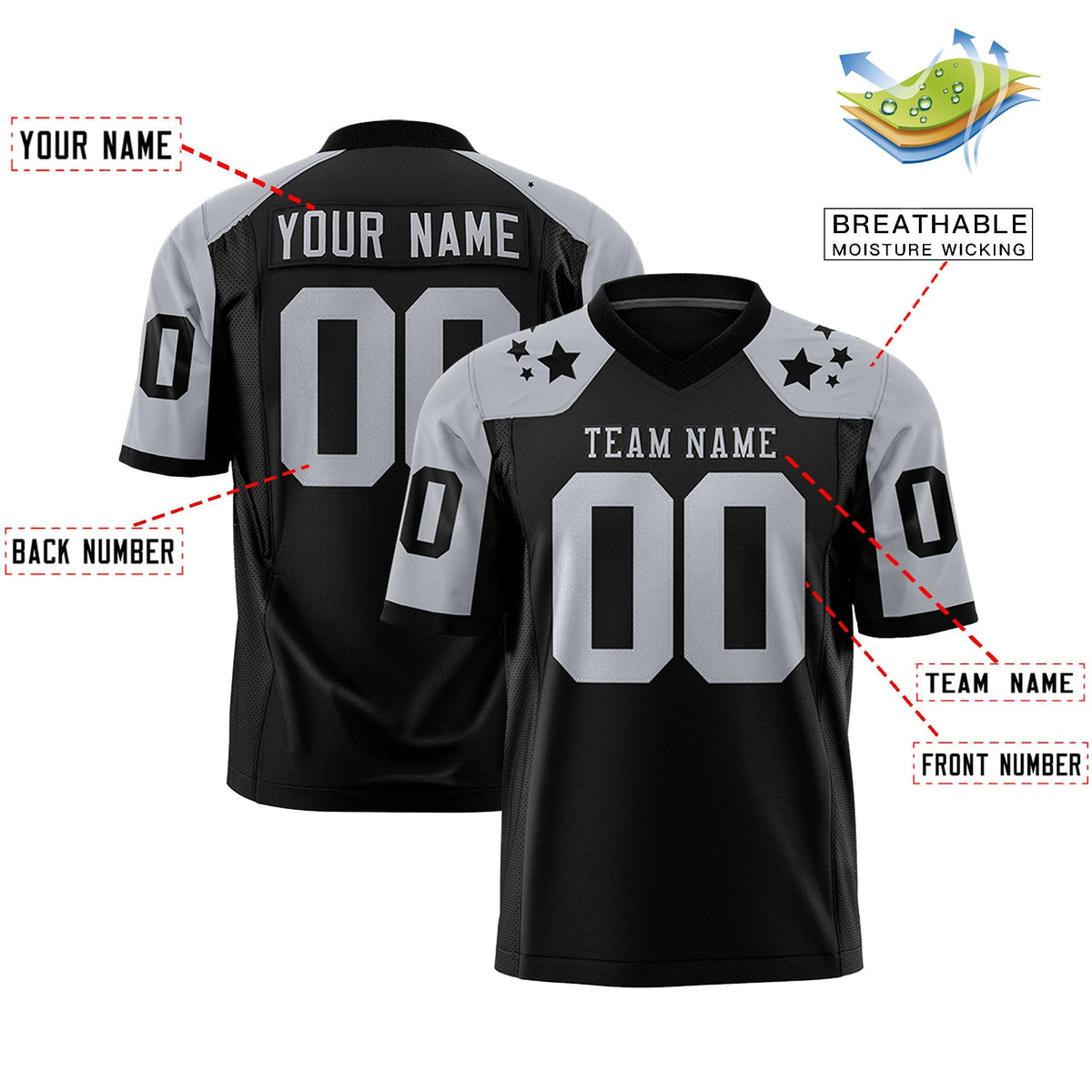 Custom Black Gray Personalized Shoulder Star Pattern Authentic American Football Jersey
