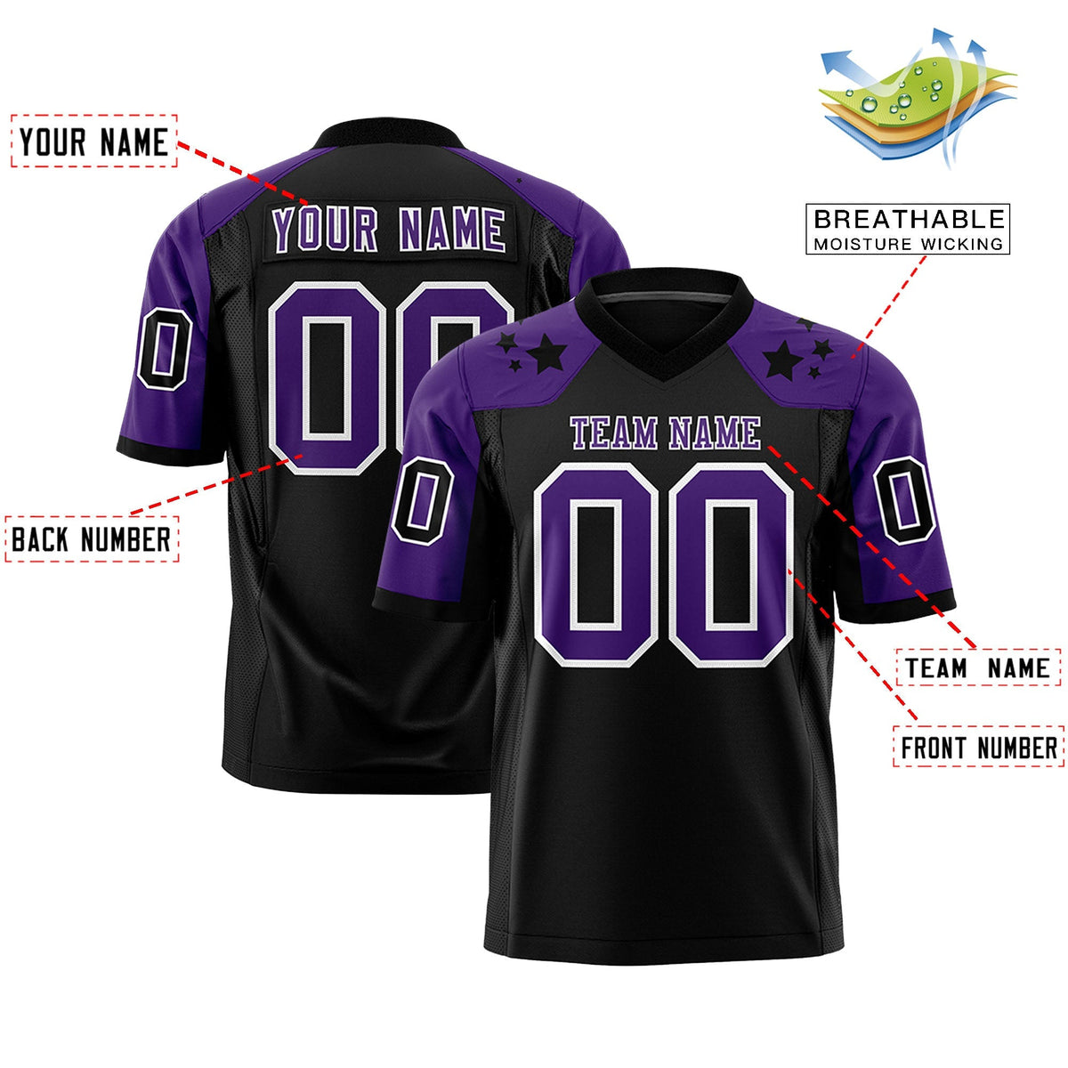 Custom Black White Personalized Shoulder Star Pattern Authentic American Football Jersey