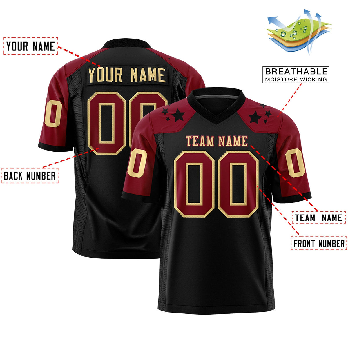 Custom Black Khaki Personalized Shoulder Star Pattern Authentic American Football Jersey