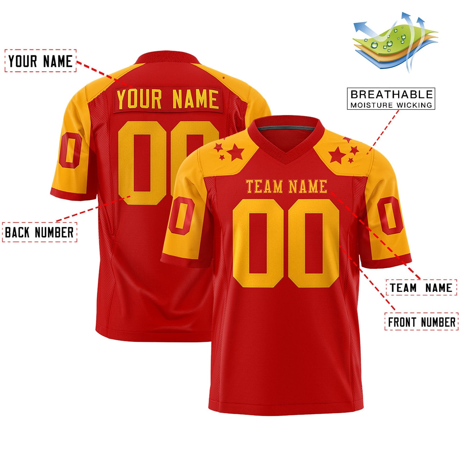 Custom Red Yellow Personalized Shoulder Star Pattern Authentic American Football Jersey