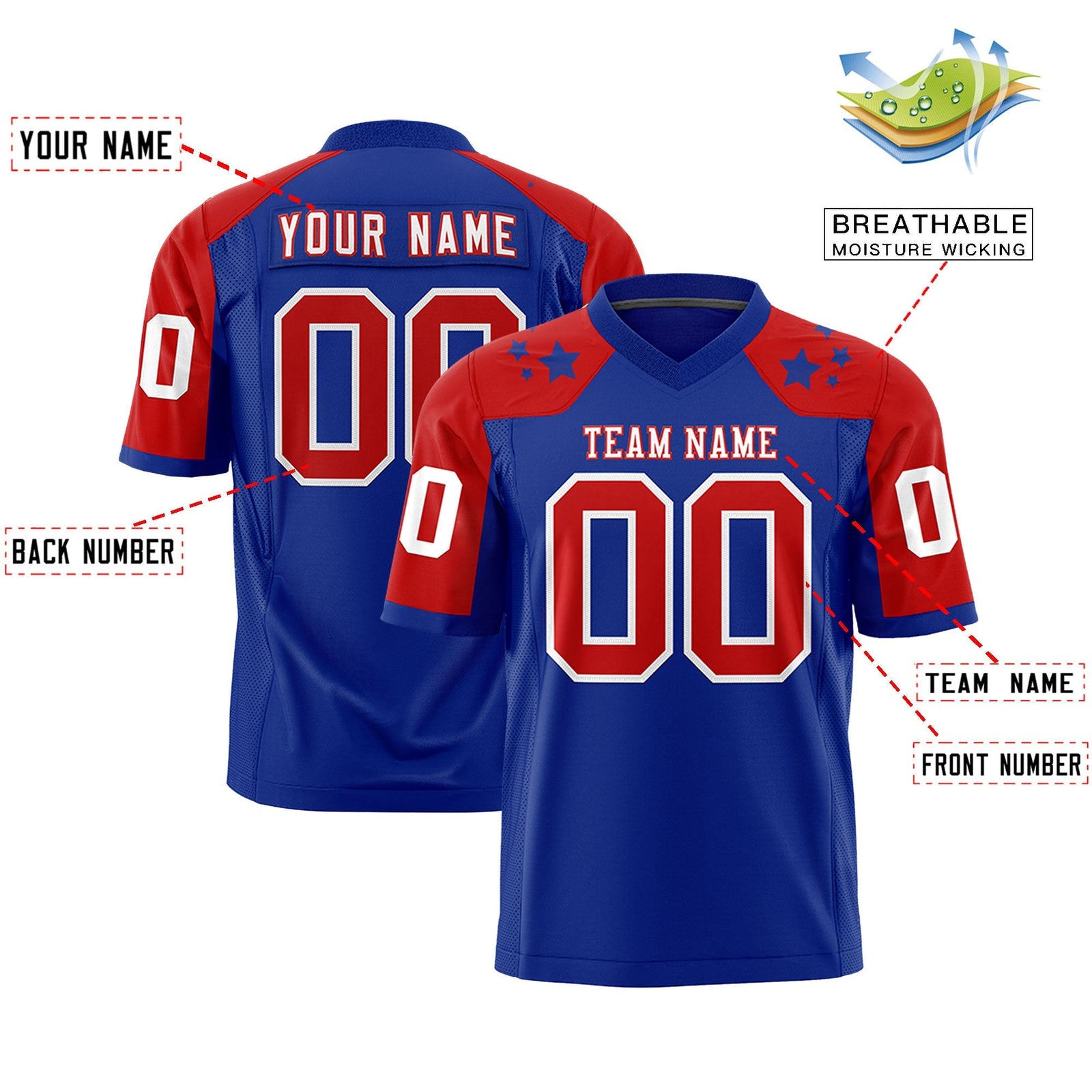 Custom Royal Red Personalized Shoulder Star Pattern Authentic American Football Jersey