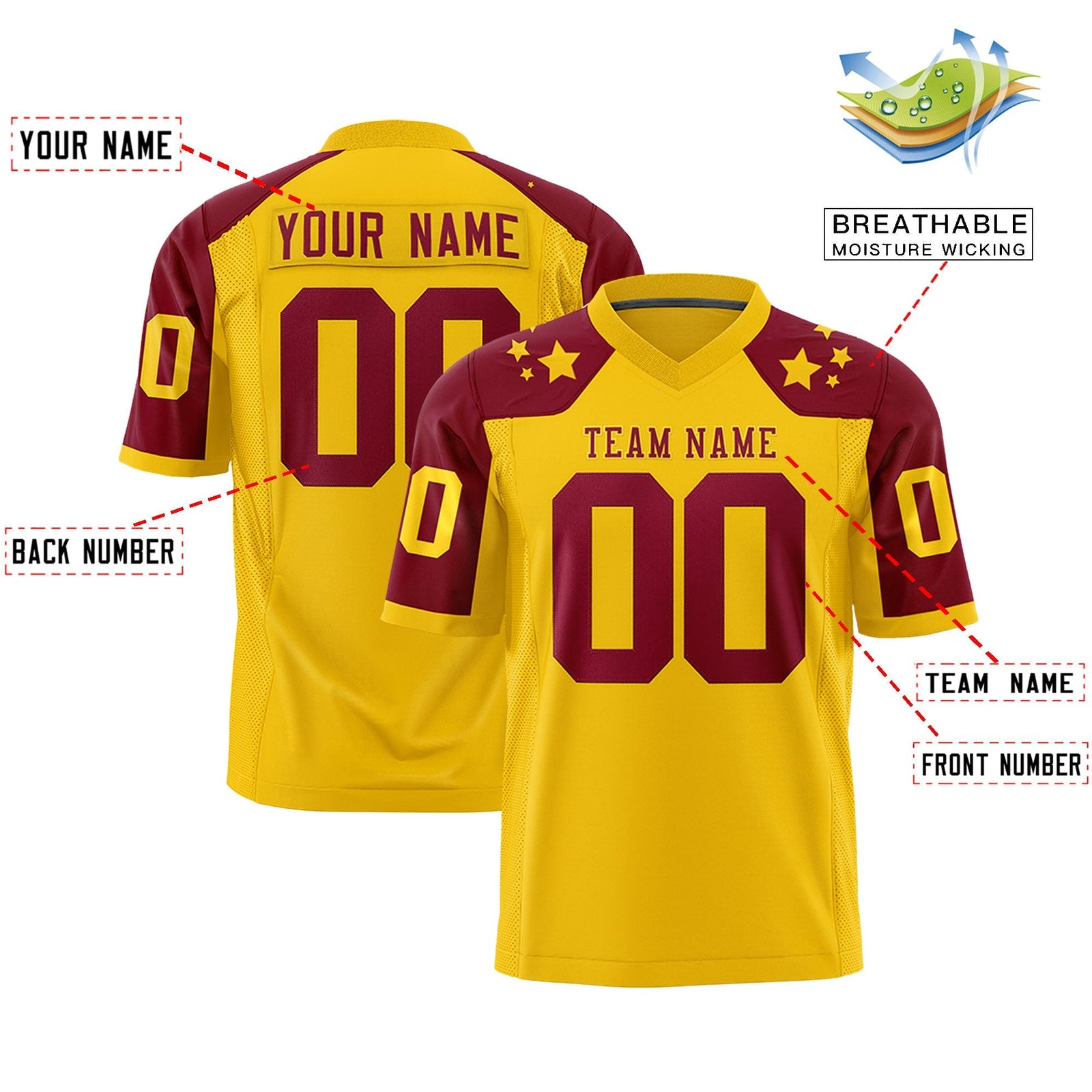 Custom Gold Crimson Personalized Shoulder Star Pattern Authentic American Football Jersey