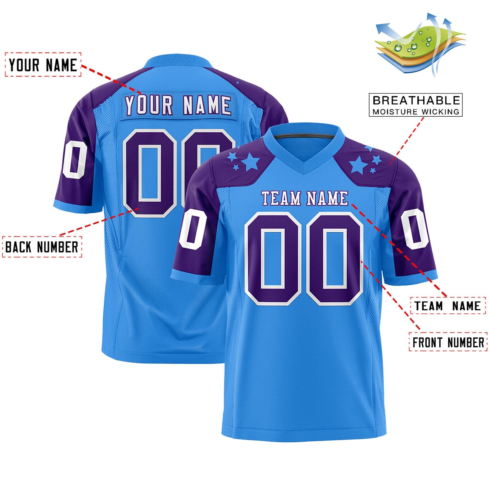 Custom Powder Blue Purple Personalized Shoulder Star Pattern Authentic American Football Jersey