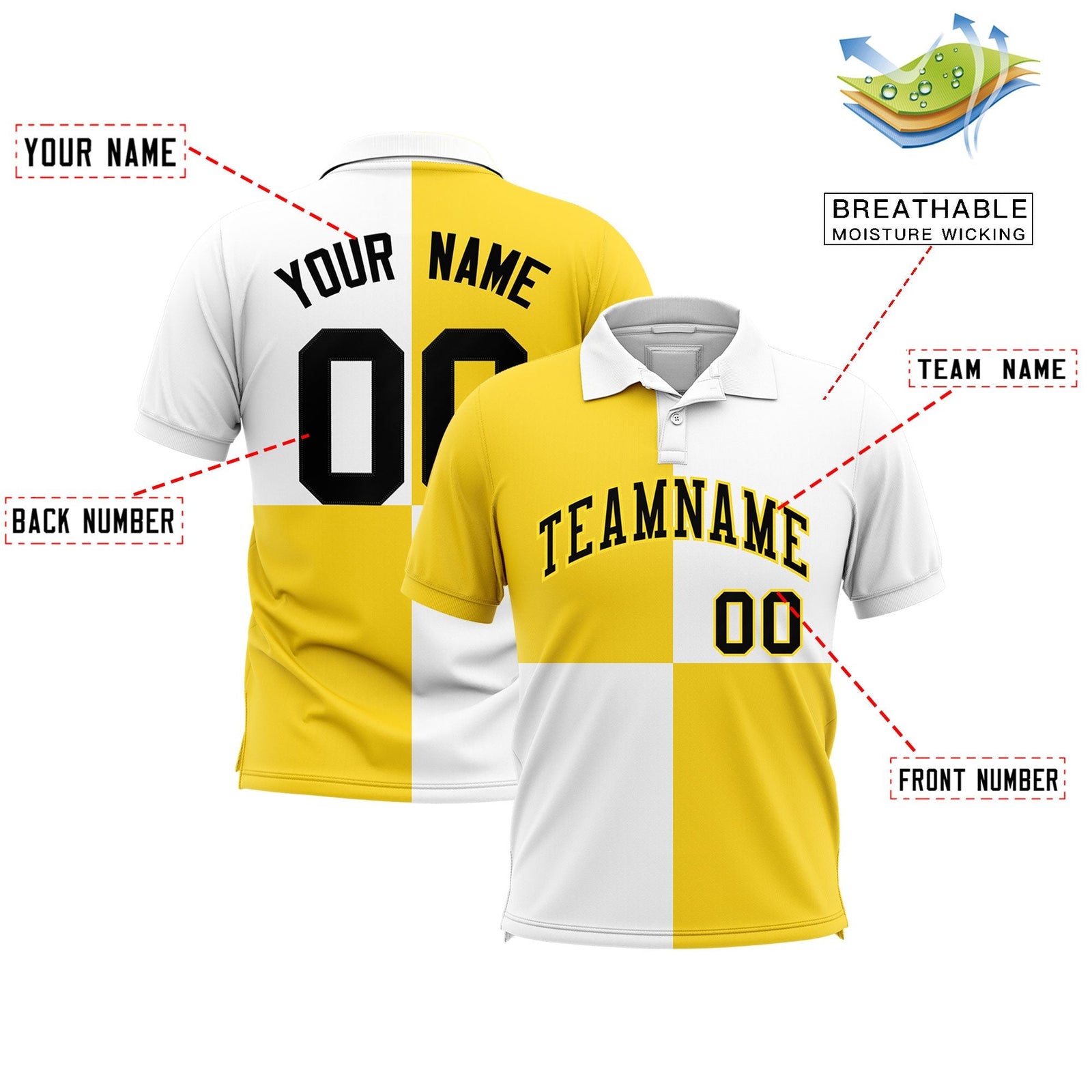 Custom Gold White Four Squares Design Performance Polo Shirt