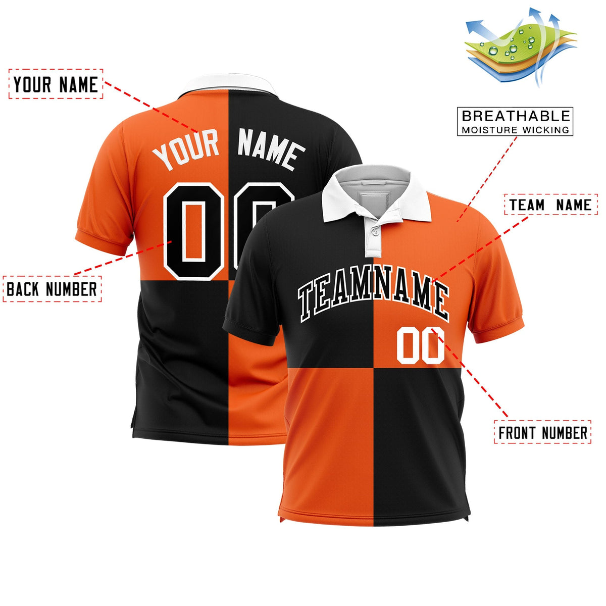 Custom Black Orange Four Squares Design Performance Polo Shirt
