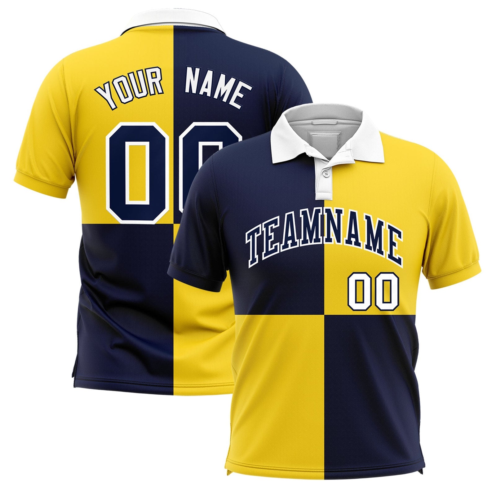 Custom Navy Gold Four Squares Design Performance Polo Shirt