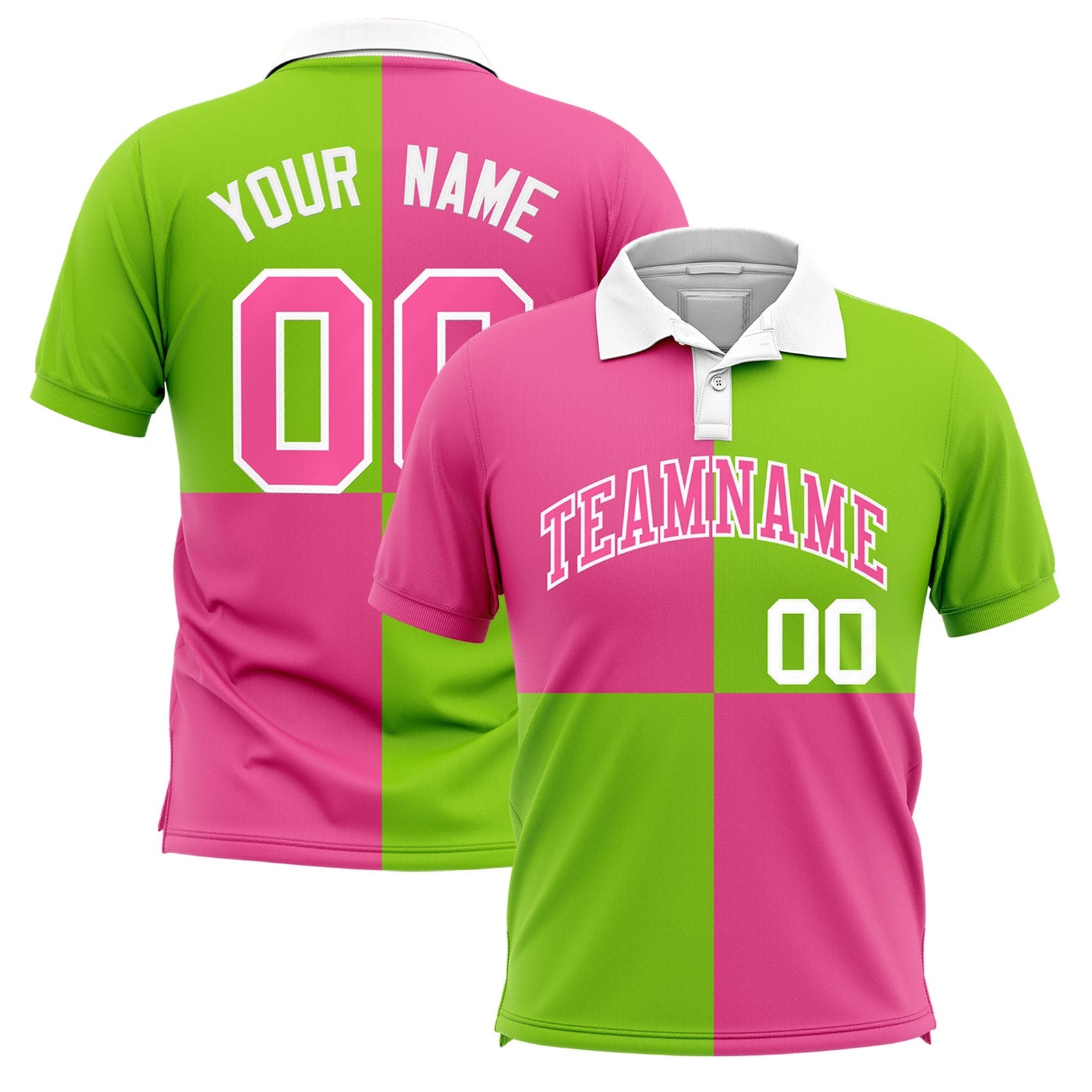 Custom Pink Neon Green Four Squares Design Performance Polo Shirt
