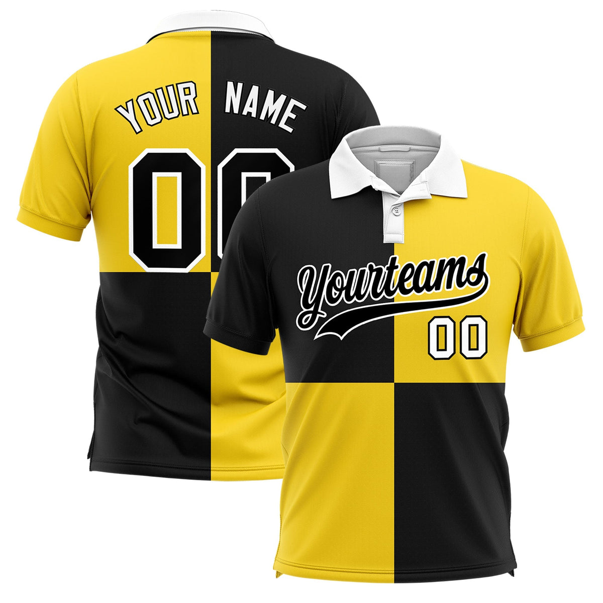 Custom Black Gold Four Squares Design Performance Polo Shirt