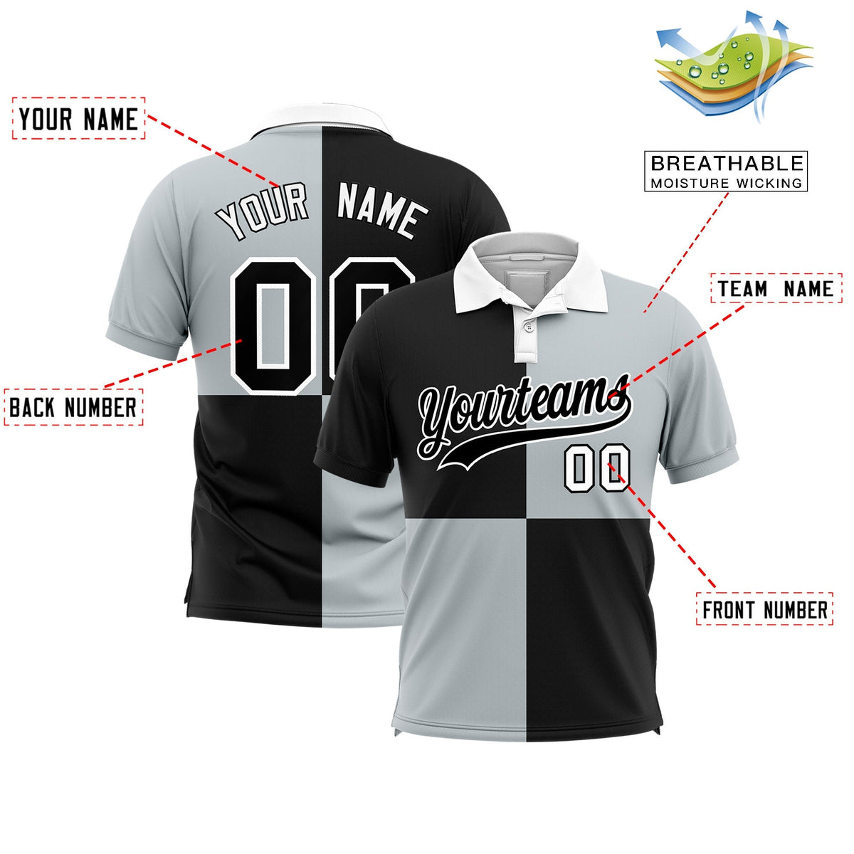 Custom Black Silver Four Squares Design Performance Polo Shirt