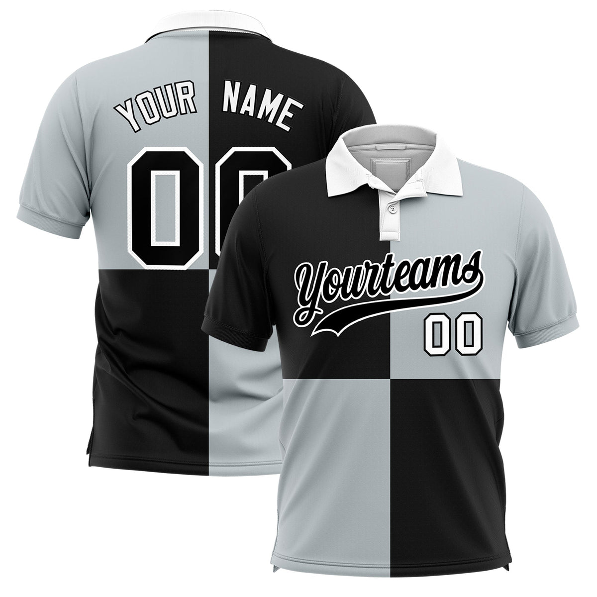 Custom Black Silver Four Squares Design Performance Polo Shirt